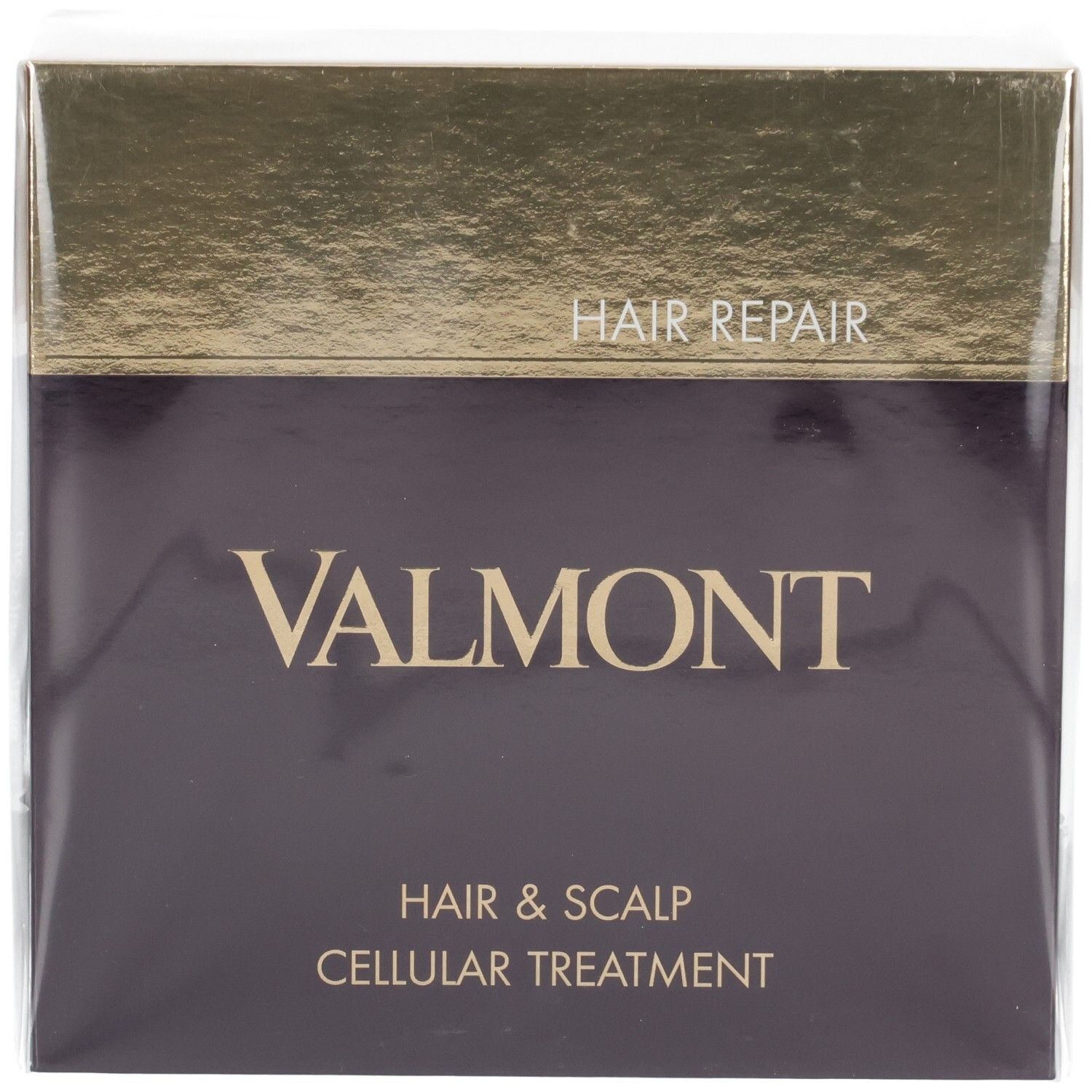 Boîte VALMONT Hair & Scalp Cellular Treatment, face avant avec inscription dorée et foncée.