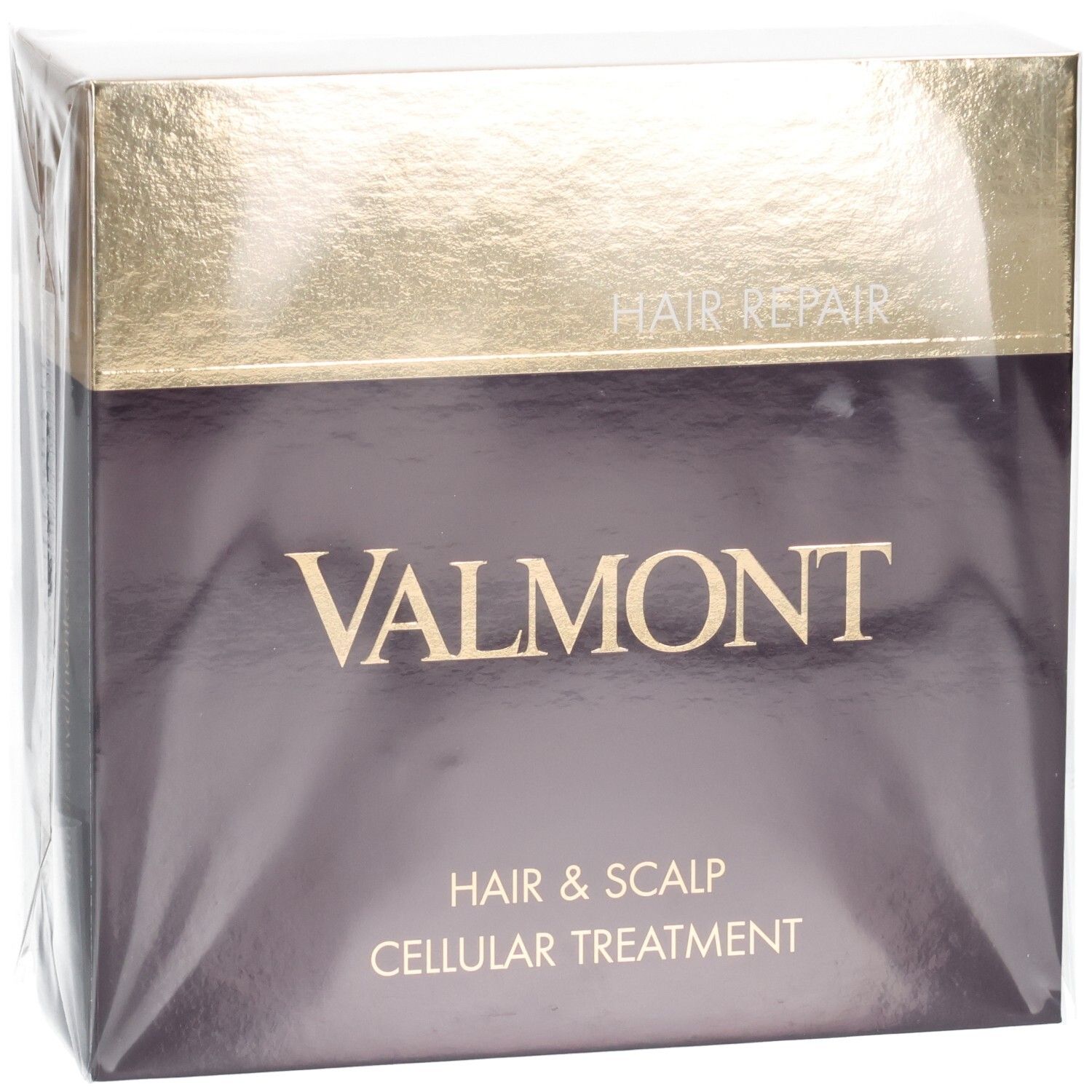Boîte VALMONT Hair & Scalp Cellular Treatment, inscription dorée et foncée.
