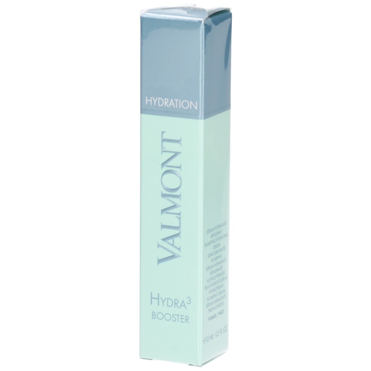 Emballage du sérum VALMONT Hydra3 Booster. Boîte vert pâle et bleue avec nom du produit et logo de la marque.