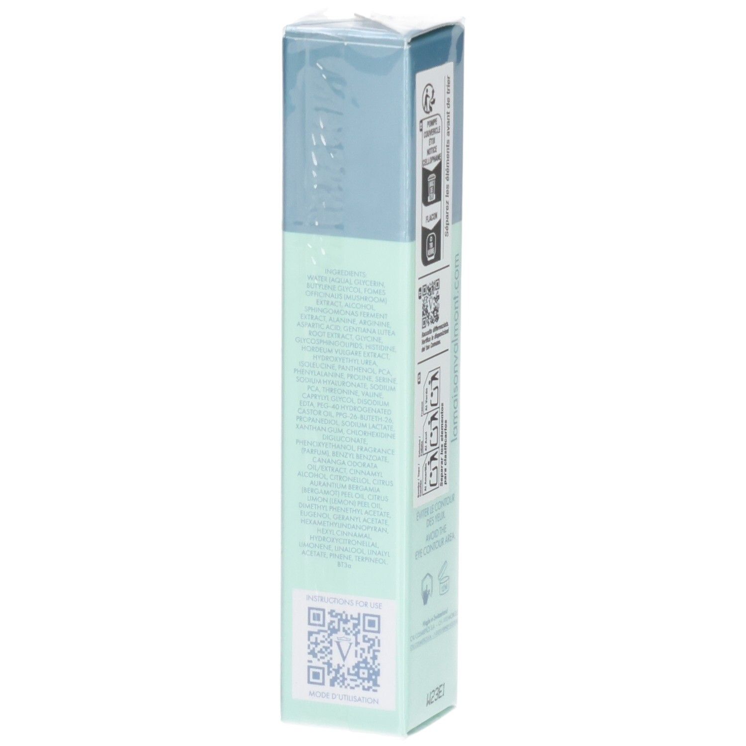Emballage du sérum VALMONT Hydra3 Booster, côté avec informations détaillées sur le produit. Boîte vert pâle et bleue.