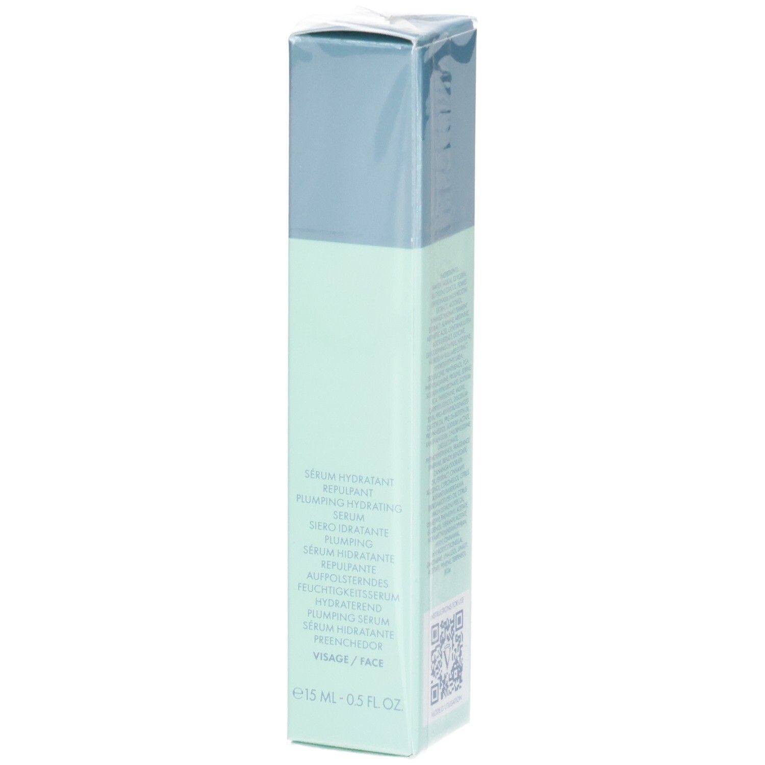 Emballage du sérum VALMONT Hydra3 Booster, côté avec dénominations produit multilingues. Boîte vert pâle et bleue.