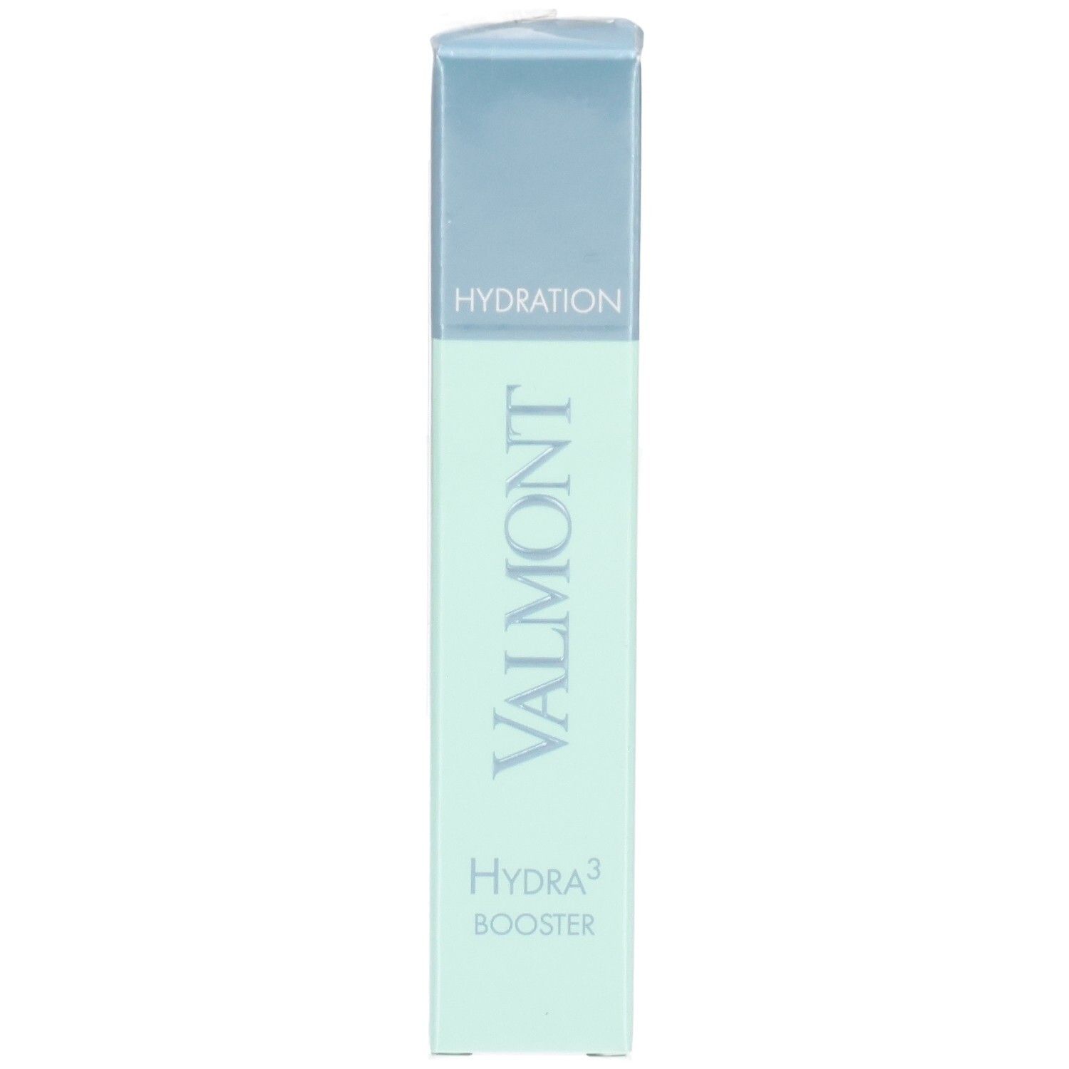 Emballage du sérum VALMONT Hydra3 Booster. Boîte vert pâle et bleue avec nom du produit et logo de la marque.
