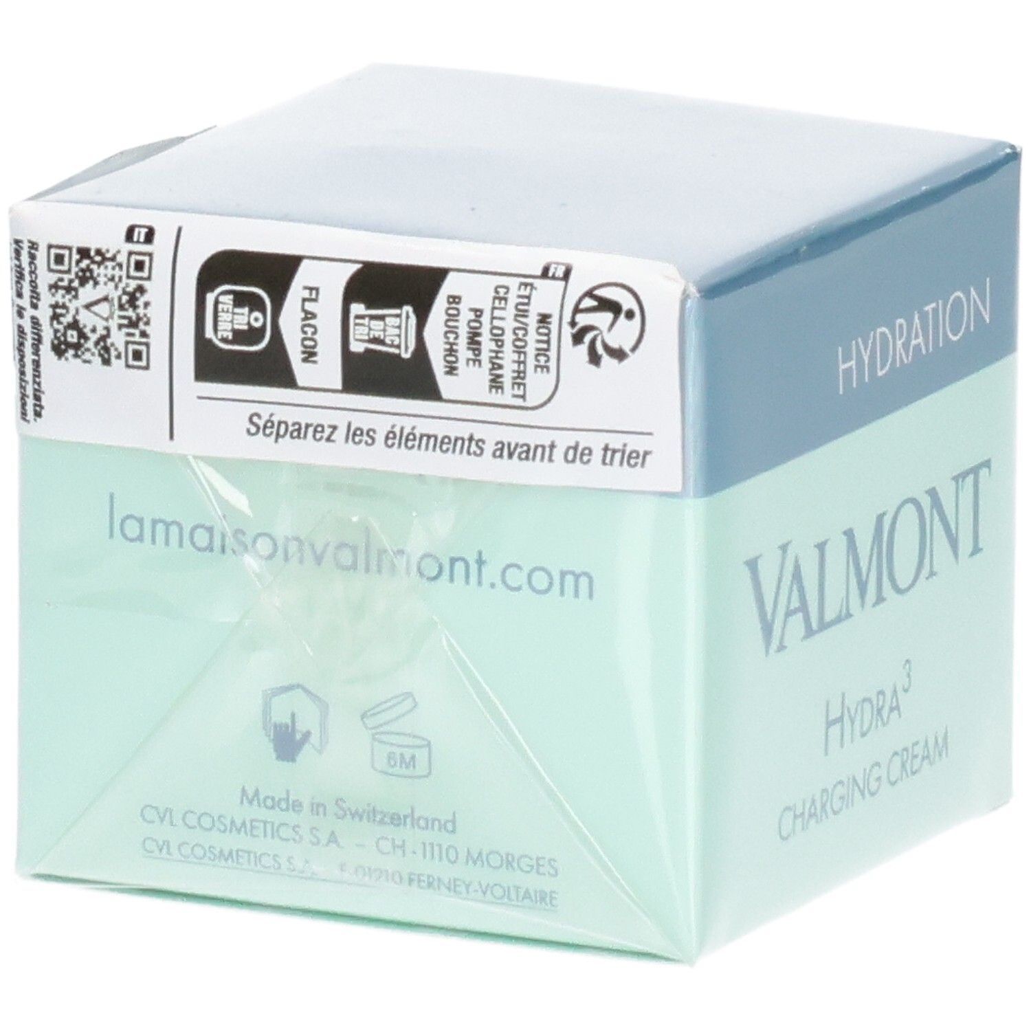 Emballage VALMONT Hydra³ Charging Cream avec QR code et instructions de tri.