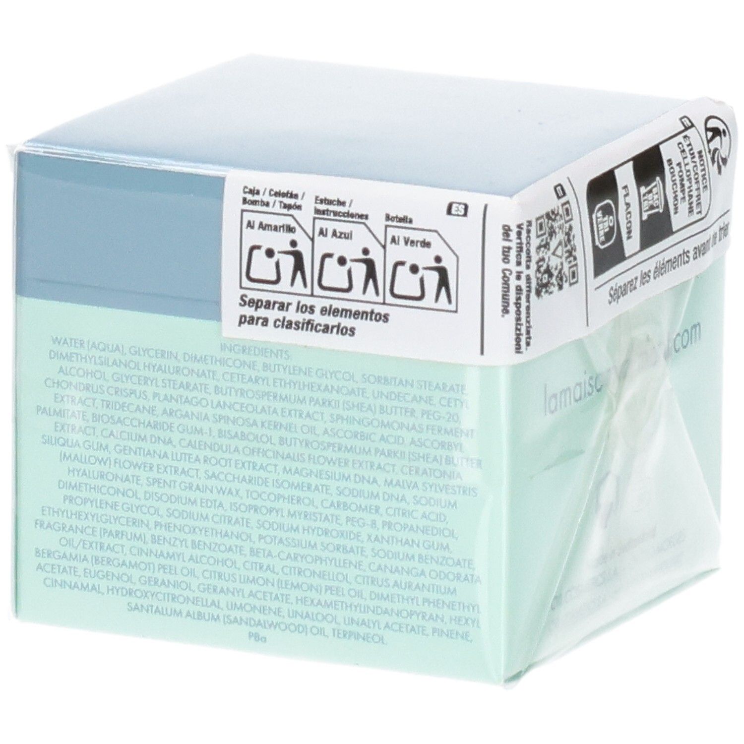 Emballage VALMONT Hydra³ Charging Cream avec liste d'ingrédients et instructions de tri.