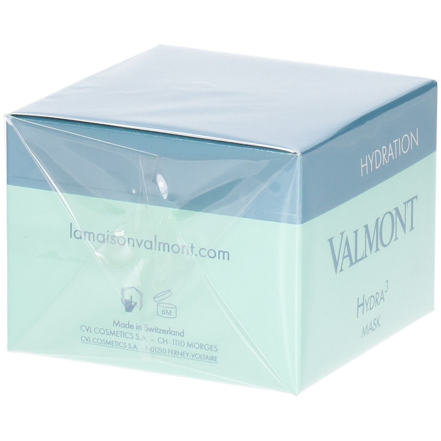 Valmont Hydra³ Mask verpakking, achterkant met website en productiedetails.