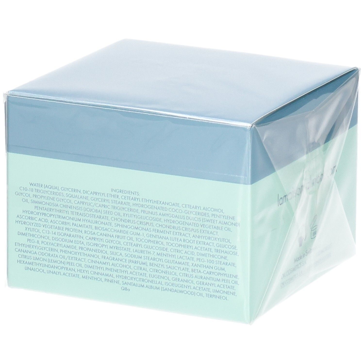 Valmont Hydra³ Mask verpakking, zijkant met ingrediëntenlijst.