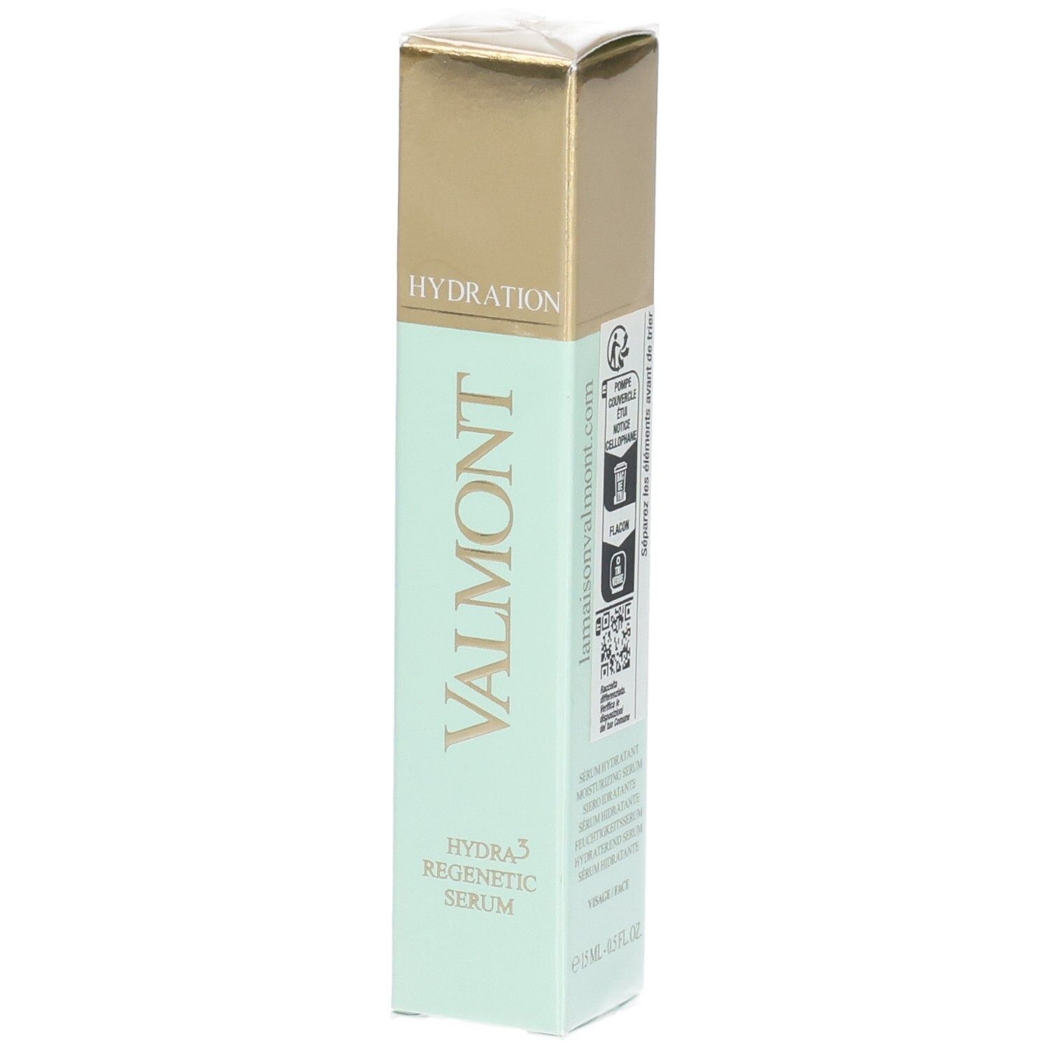 Emballage VALMONT Hydra3 Regenetic Serum. Bouchon doré, corps vert pâle avec nom du produit.