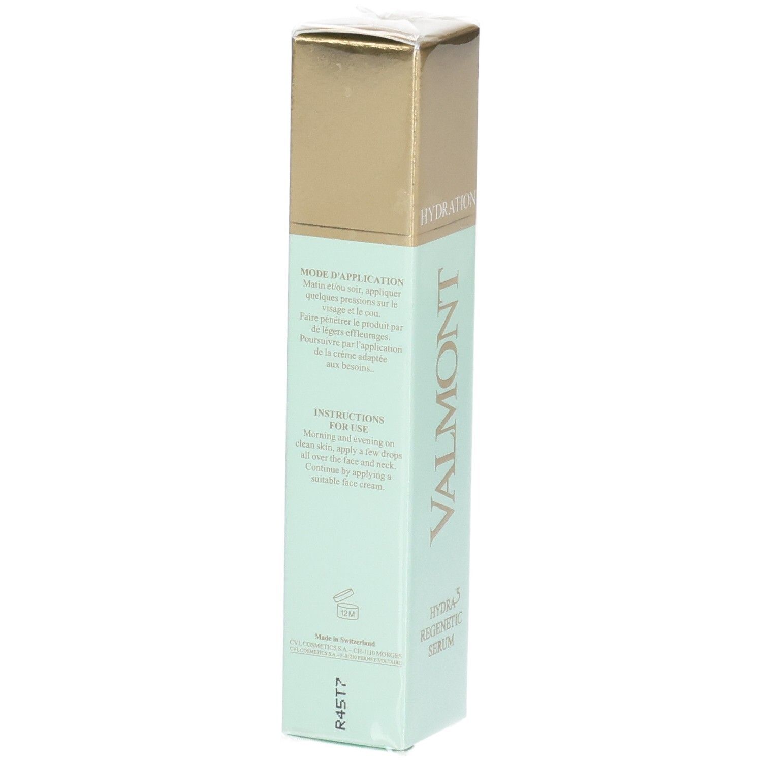 Emballage VALMONT Hydra3 Regenetic Serum avec instructions d'application en français et anglais.