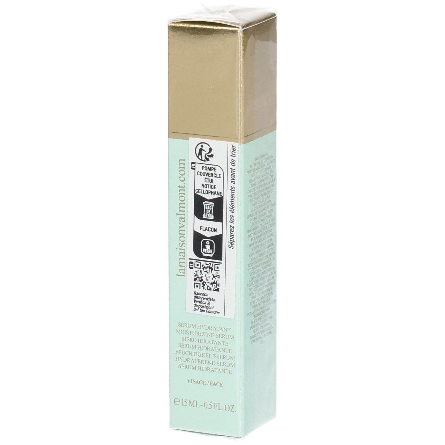 Emballage VALMONT Hydra3 Regenetic Serum avec symboles de recyclage et nom du produit.