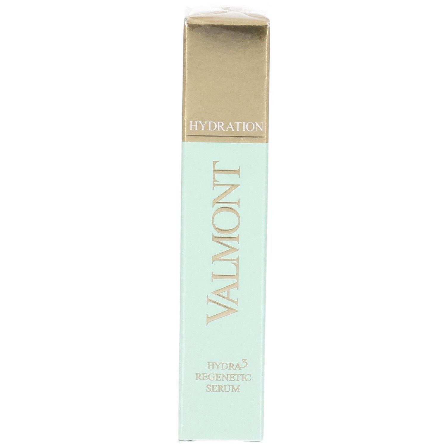 Emballage VALMONT Hydra3 Regenetic Serum. Bouchon doré, corps vert pâle avec nom du produit.
