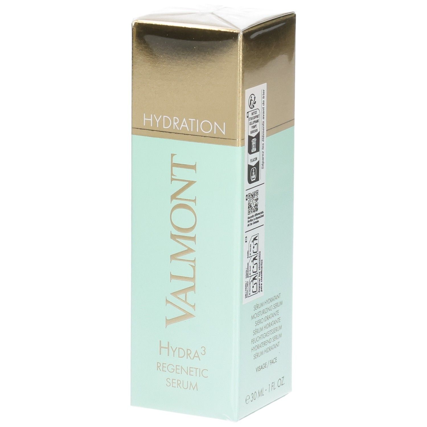 Valmont Hydra³ Regenetic Serum doos. Lichtgroen en goudkleurig. Productinformatie.