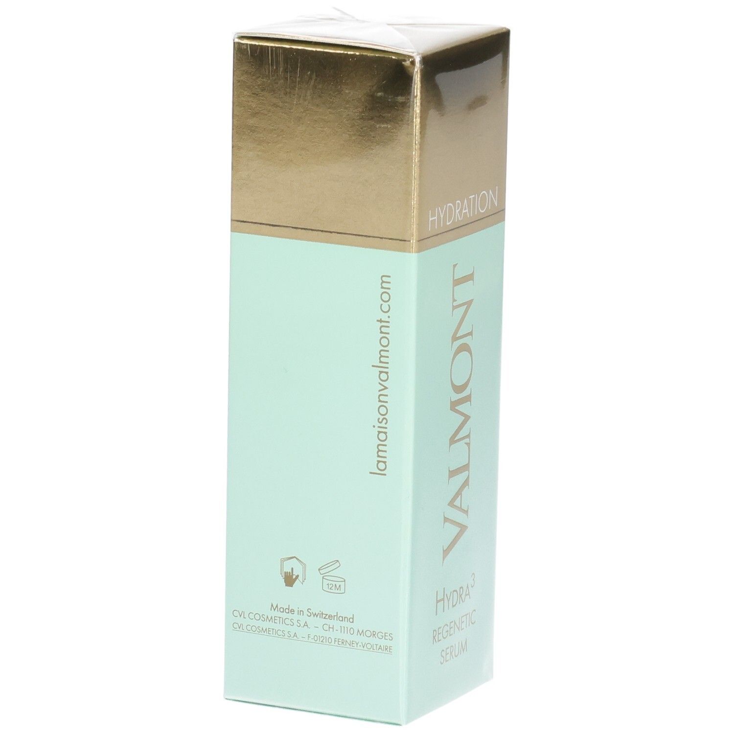 Valmont Hydra³ Regenetic Serum doos. Achterkant met website en productiedetails.