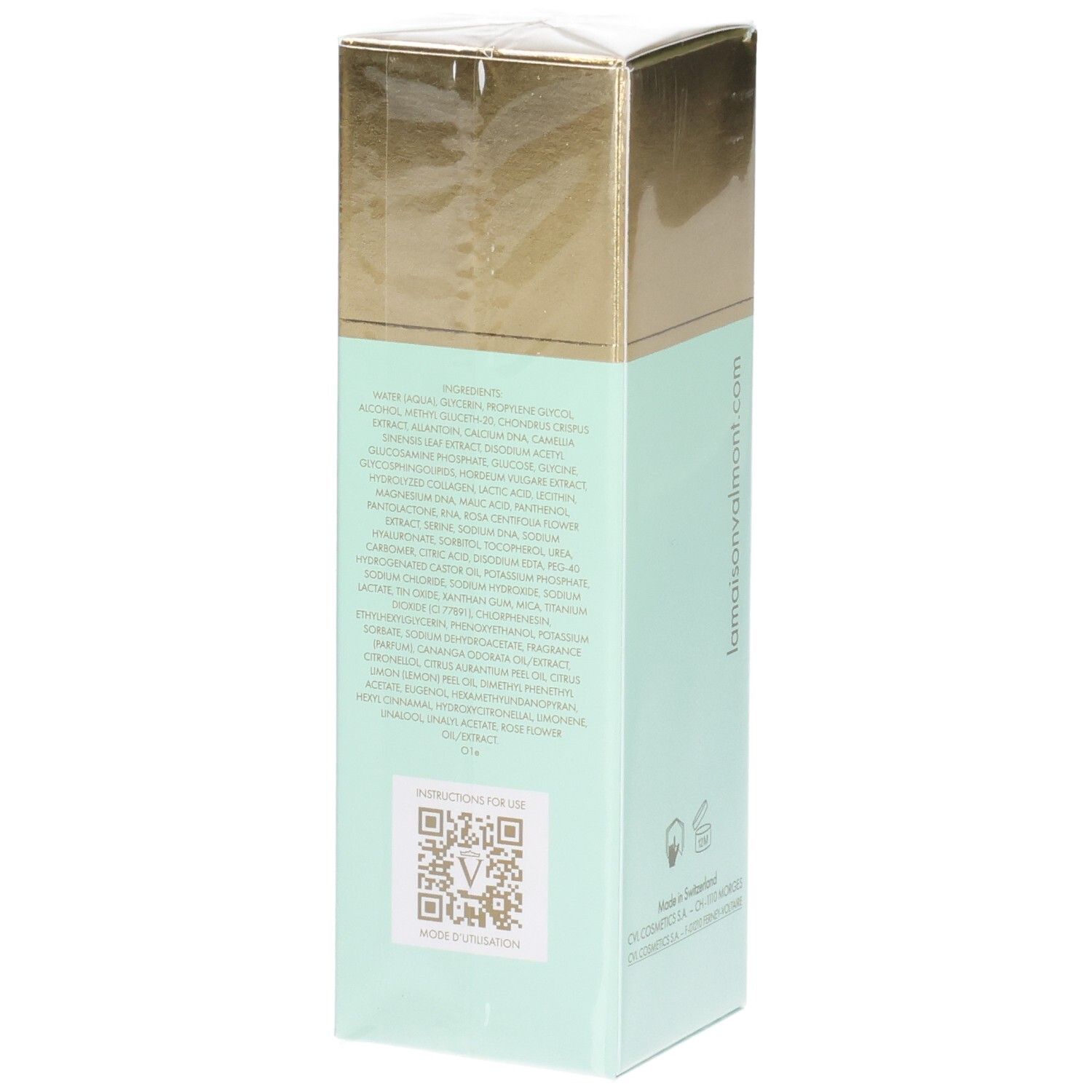 Valmont Hydra³ Regenetic Serum doos. Zijkant met ingrediëntenlijst en QR-code.