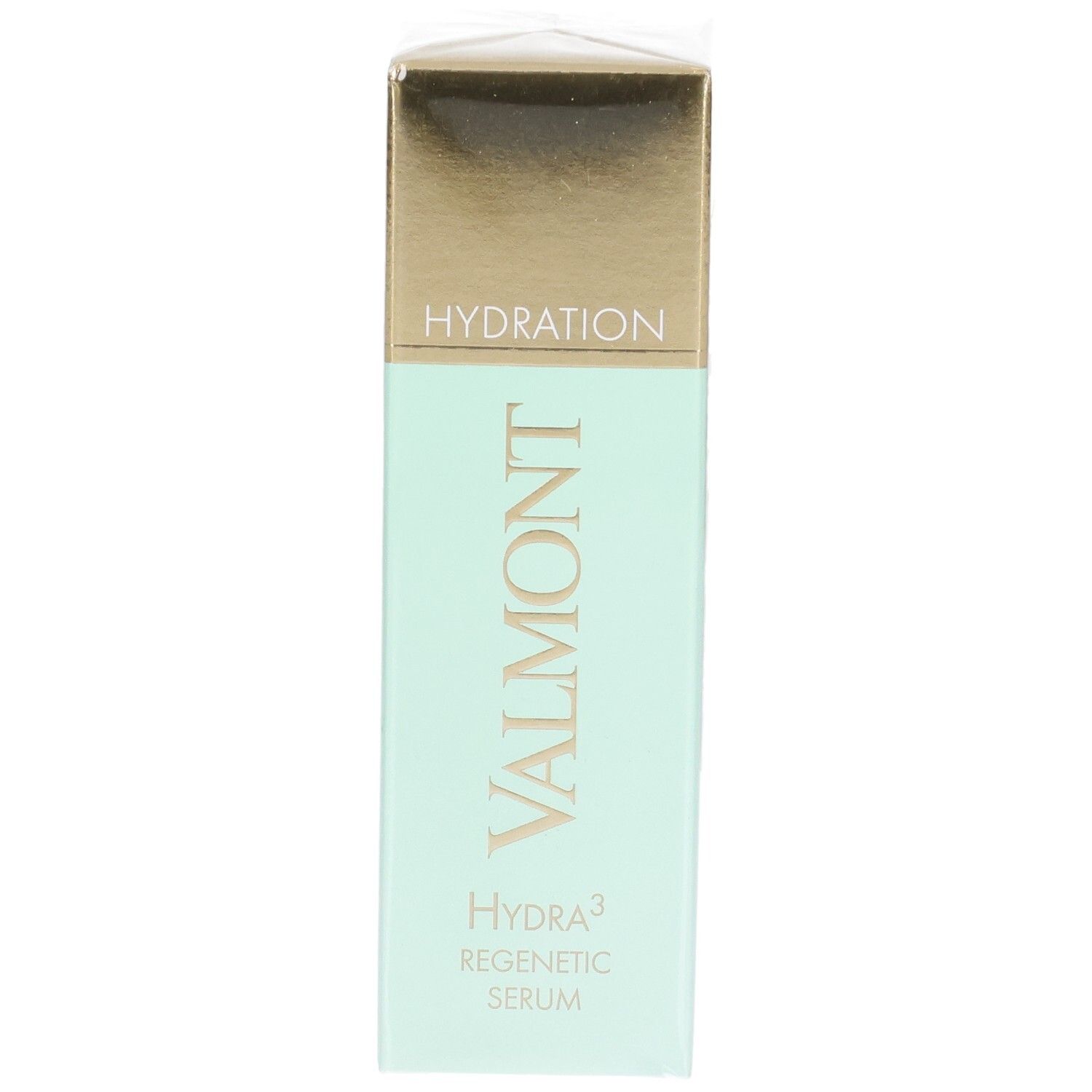 Valmont Hydra³ Regenetic Serum doos. Lichtgroen en goudkleurig. "Hydration" en merknaam.