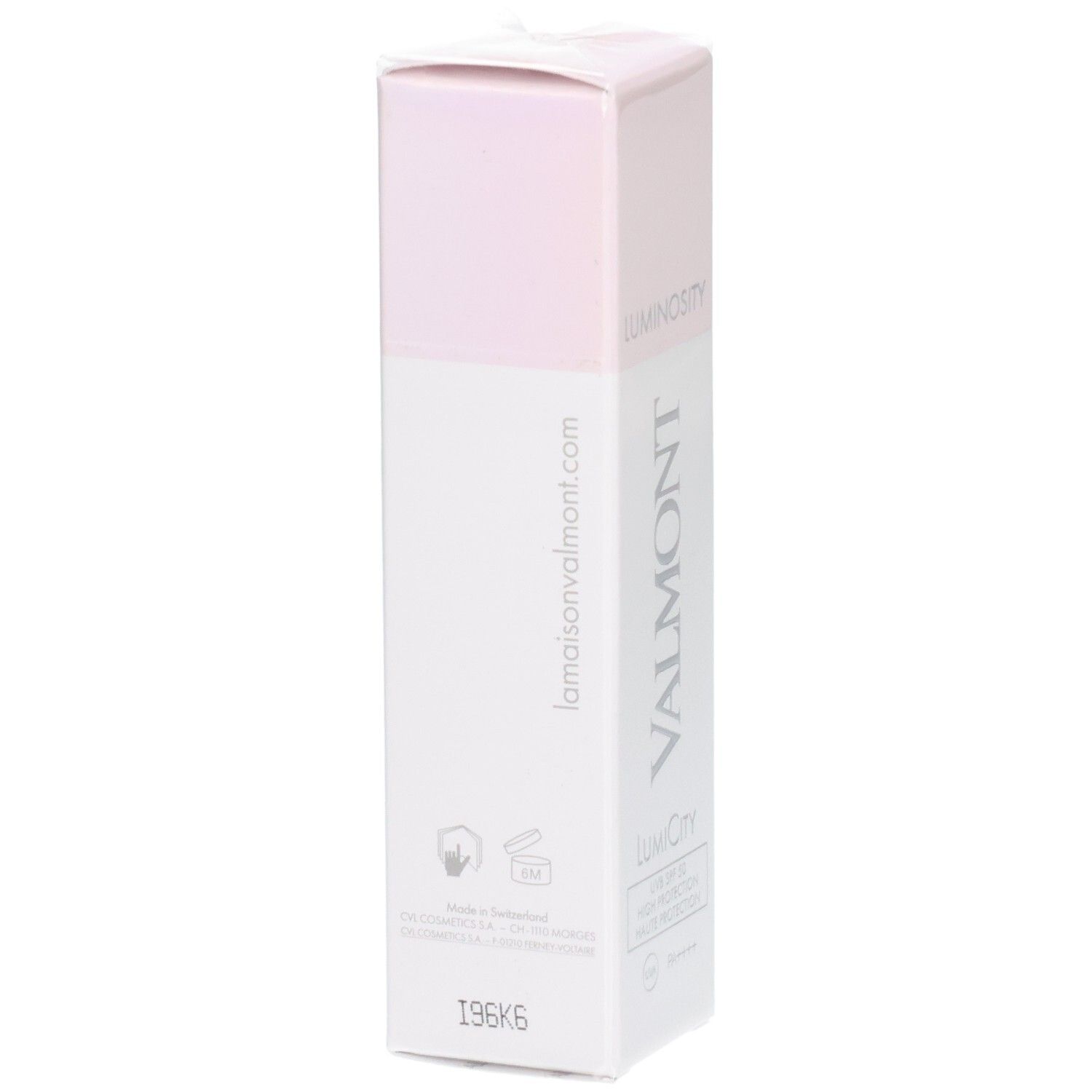 VALMONT LumiCity Crème de jour SPF 50, 15 ml, verso avec site web.