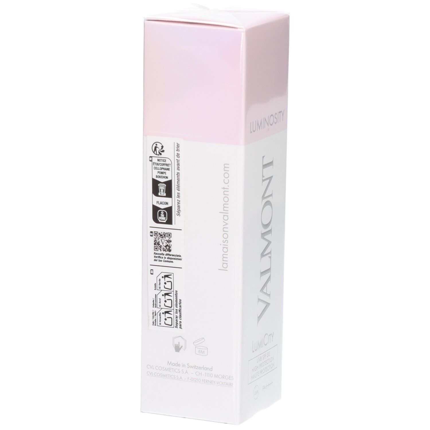Arrière de l'emballage Valmont Luminosity LumiCity SPF50 Crème de jour avec informations.