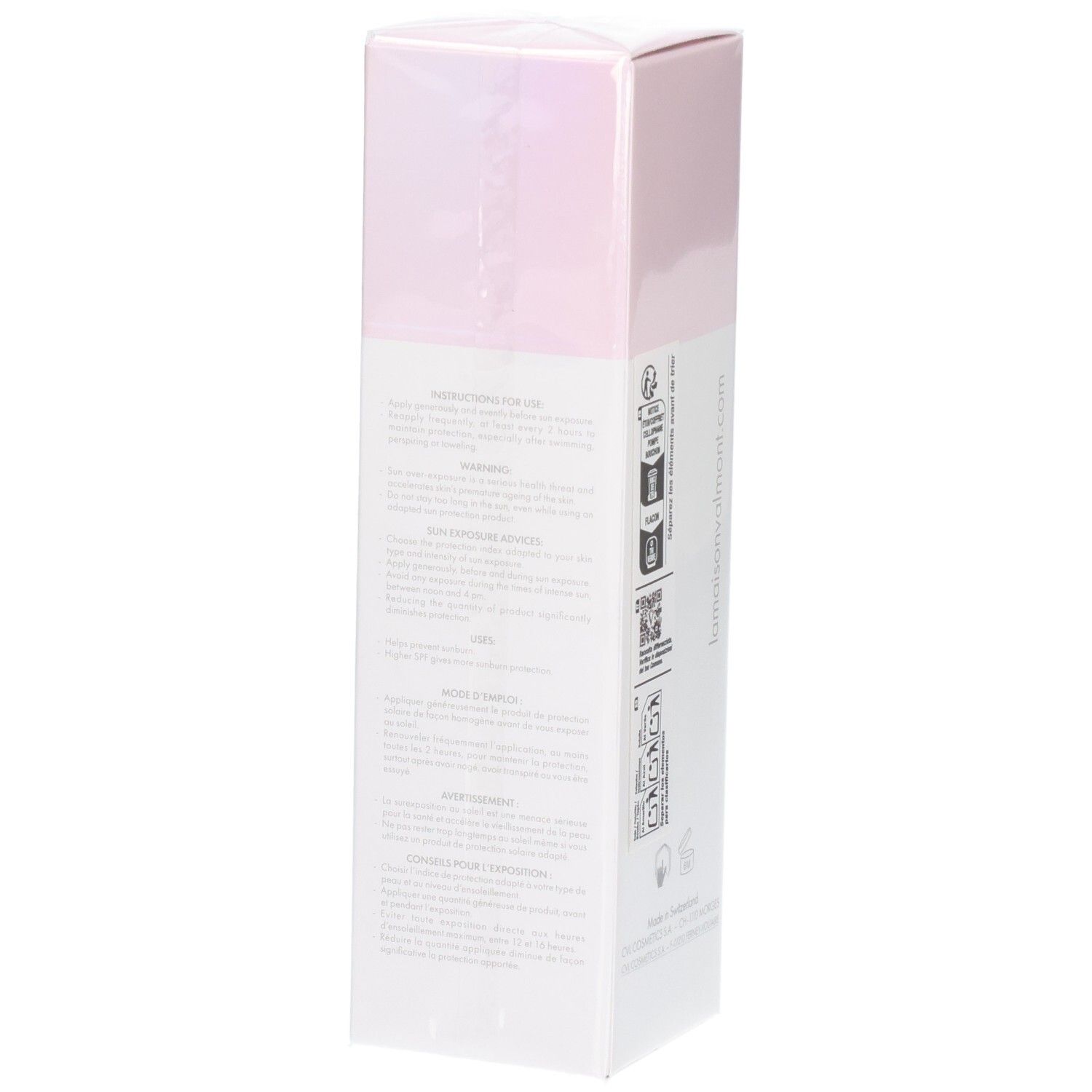 Côté de l'emballage Valmont Luminosity LumiCity SPF50 Crème de jour avec instructions.