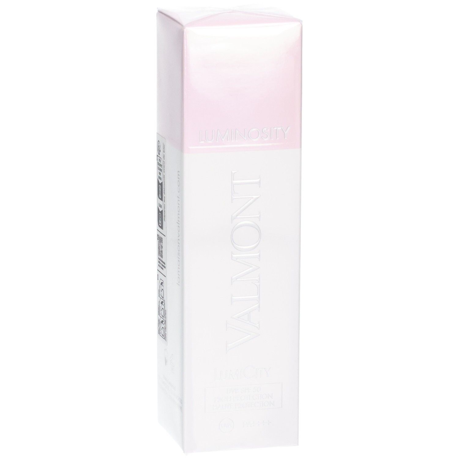 Emballage Valmont Luminosity LumiCity SPF50 Crème de jour, côté.