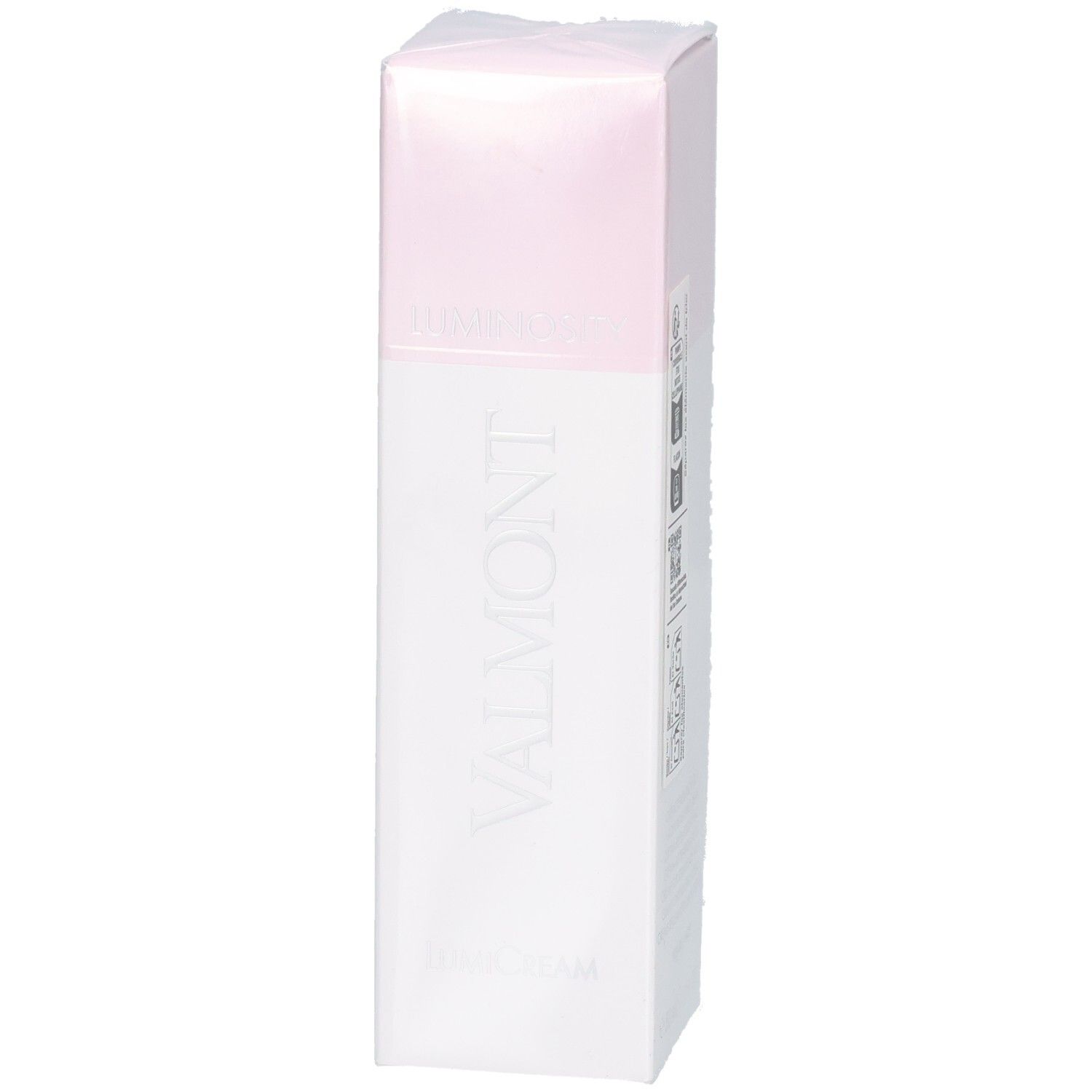 Emballage Valmont LumiCream, blanc avec des accents roses.
