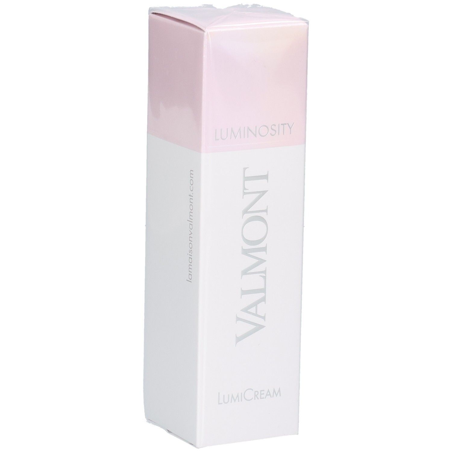 Emballage Valmont LumiCream, blanc avec accents roses et nom du produit.