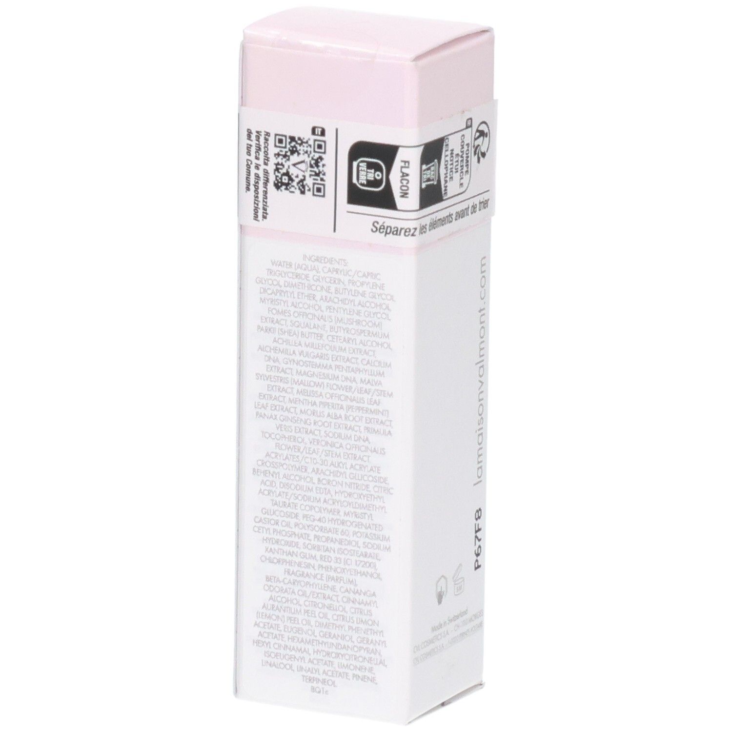 Boîte VALMONT LumiCream, côté avec liste détaillée des ingrédients.