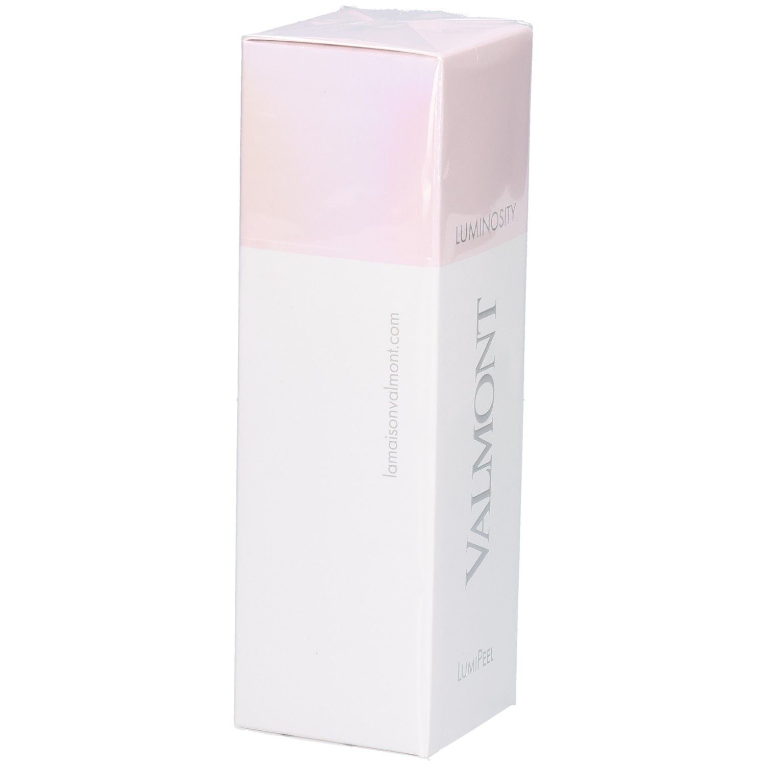 Emballage carton VALMONT LumiPeel avec adresse de site web et logo.