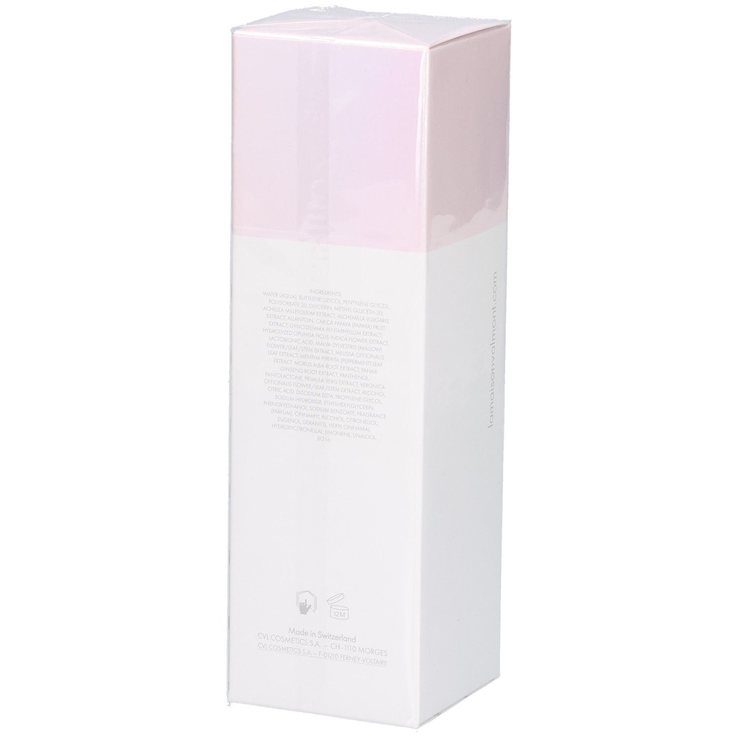 Arrière de l'emballage carton VALMONT LumiPeel avec informations détaillées sur le produit.