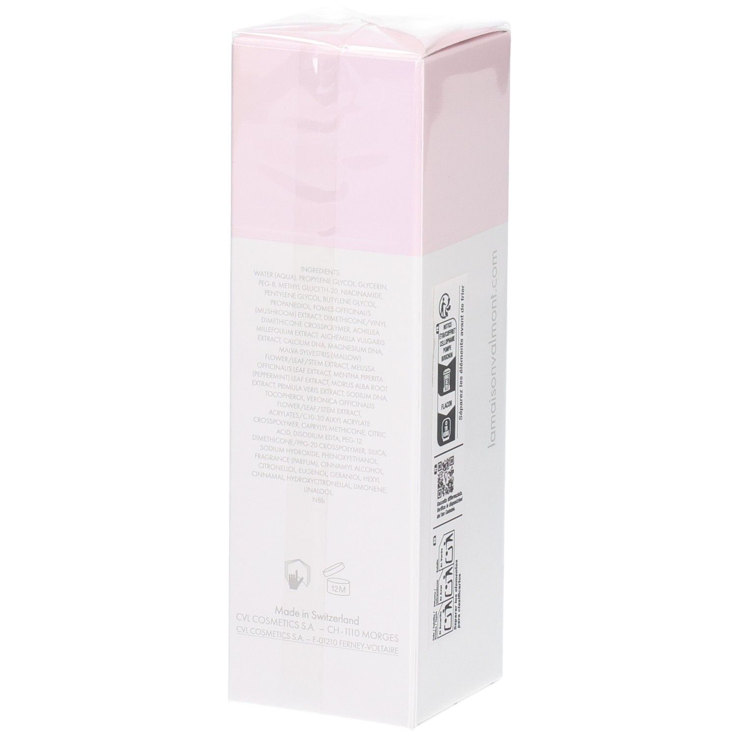 Boîte Valmont Luminosity : côté avec informations produit et lieu de fabrication.