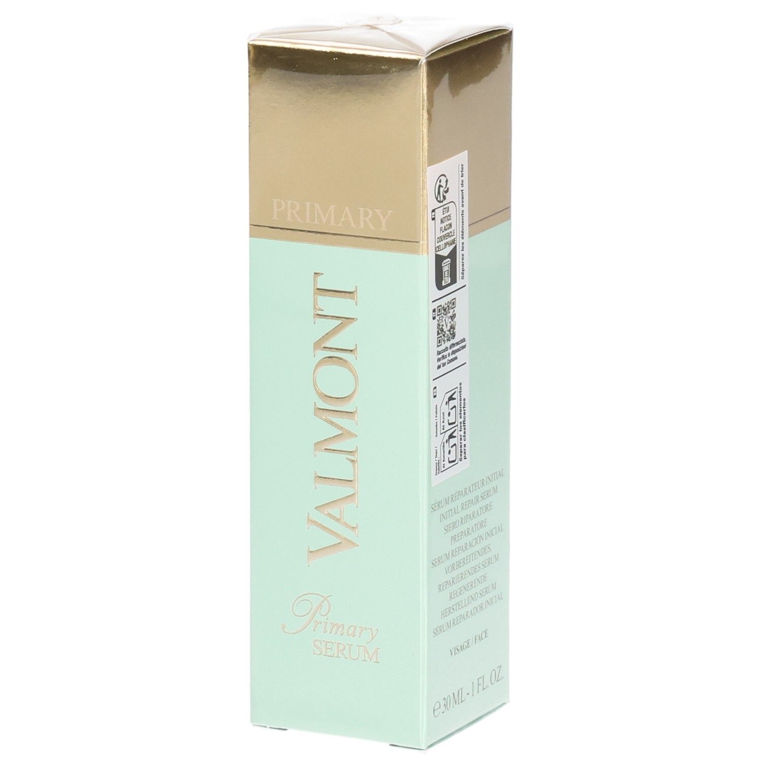 Emballage VALMONT Primary Serum, couleur menthe et or.