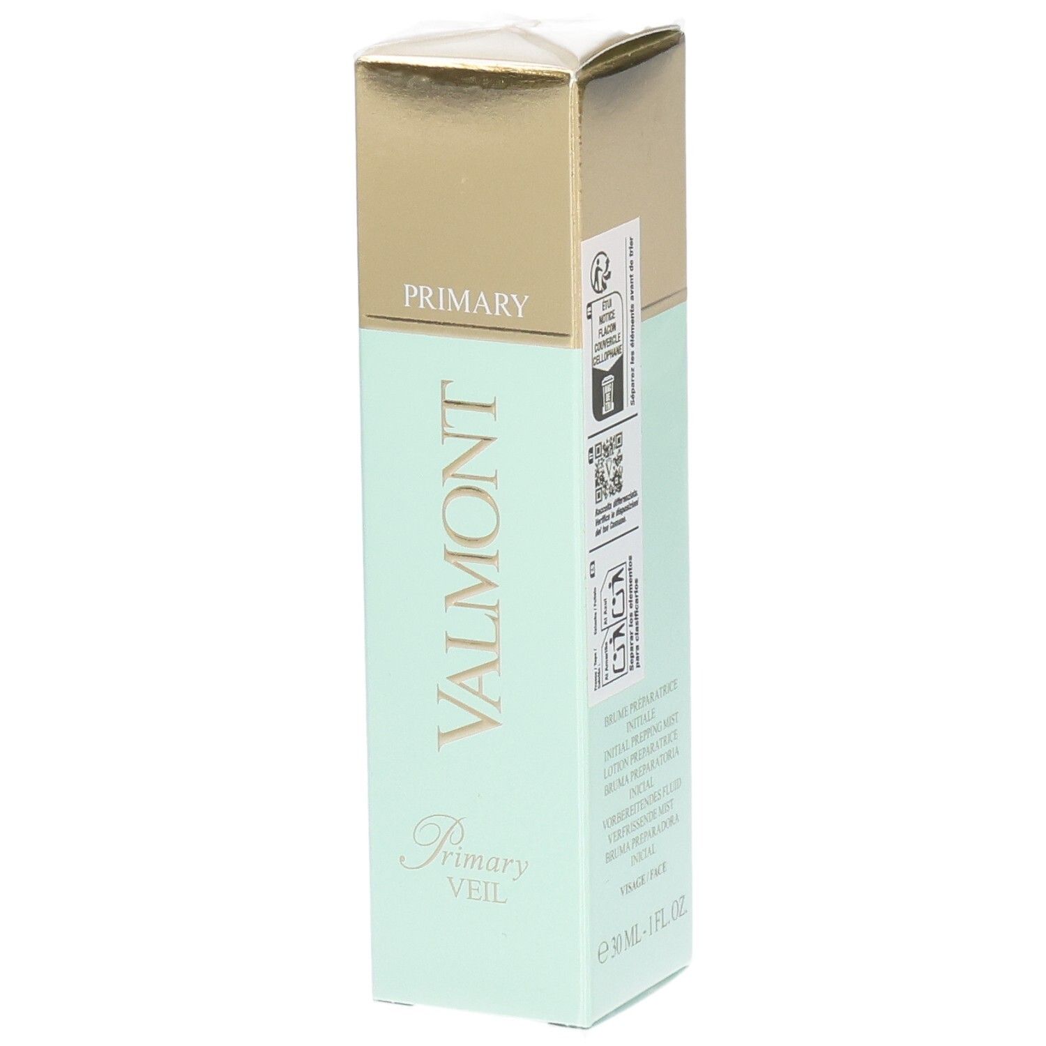 Emballage cosmétique VALMONT Primary Veil avec dessus doré et menthe.