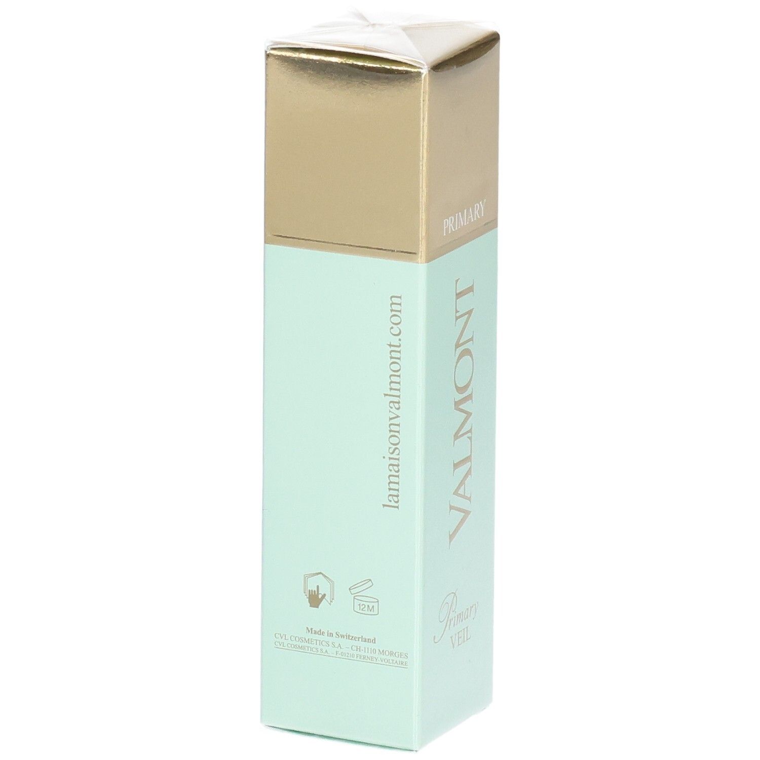 Emballage cosmétique VALMONT Primary Veil, verso avec site web et symboles.
