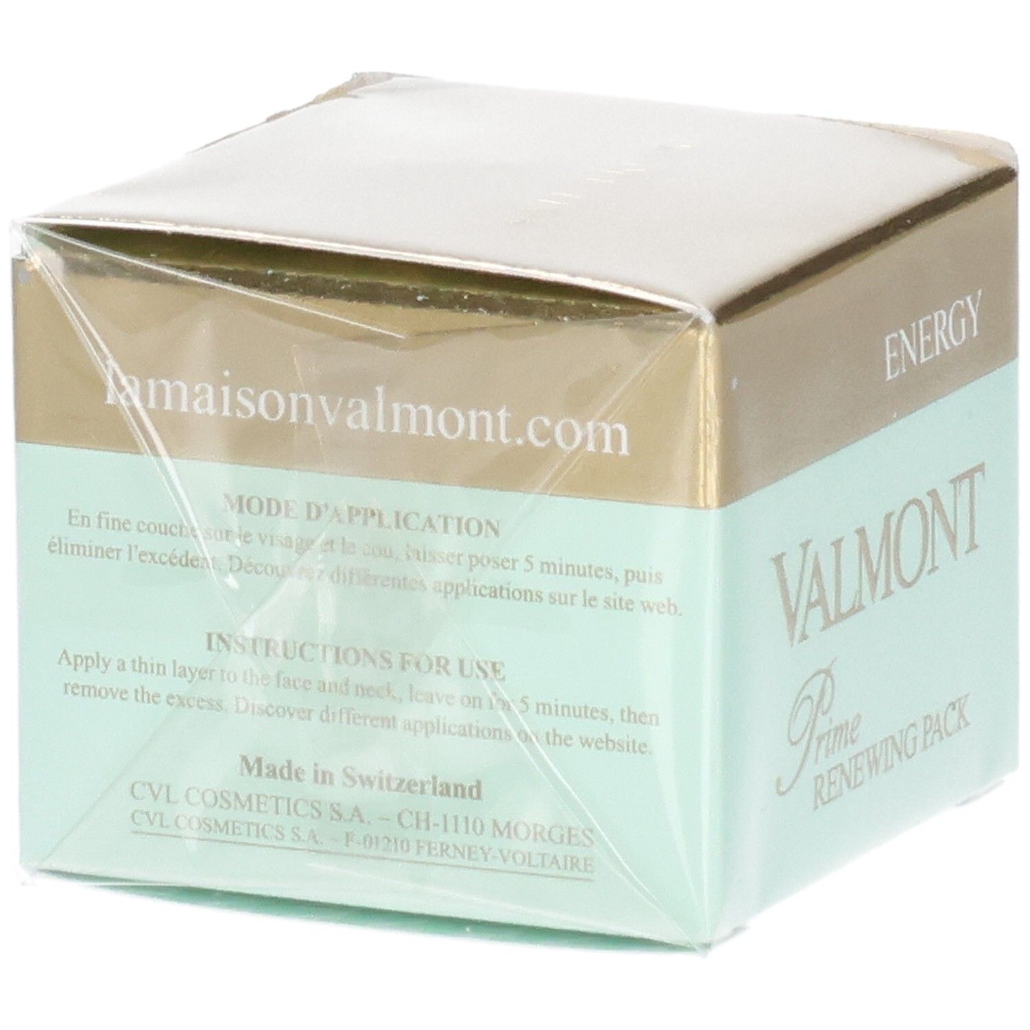 VALMONT Prime Renewing Pack, dos de l'emballage avec instructions d'application et site web.
