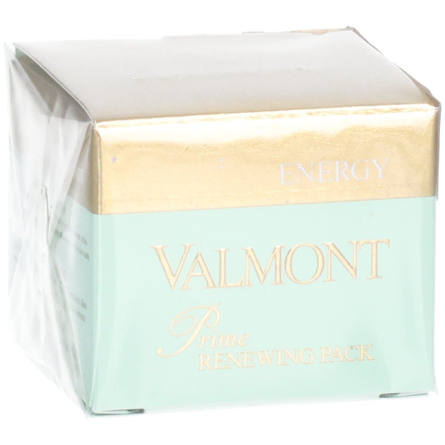 VALMONT Prime Renewing Pack, emballage avec bandeau doré et partie inférieure menthe.