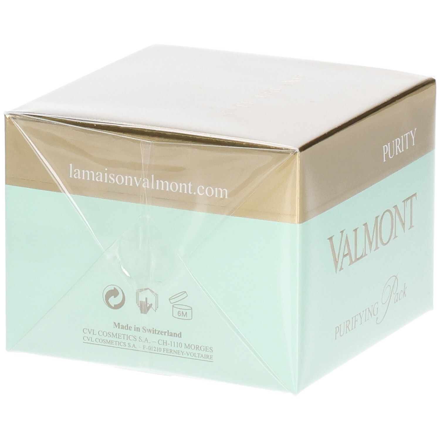 Valmont Masque Purifiant à l'argile, emballage, verso avec site web.