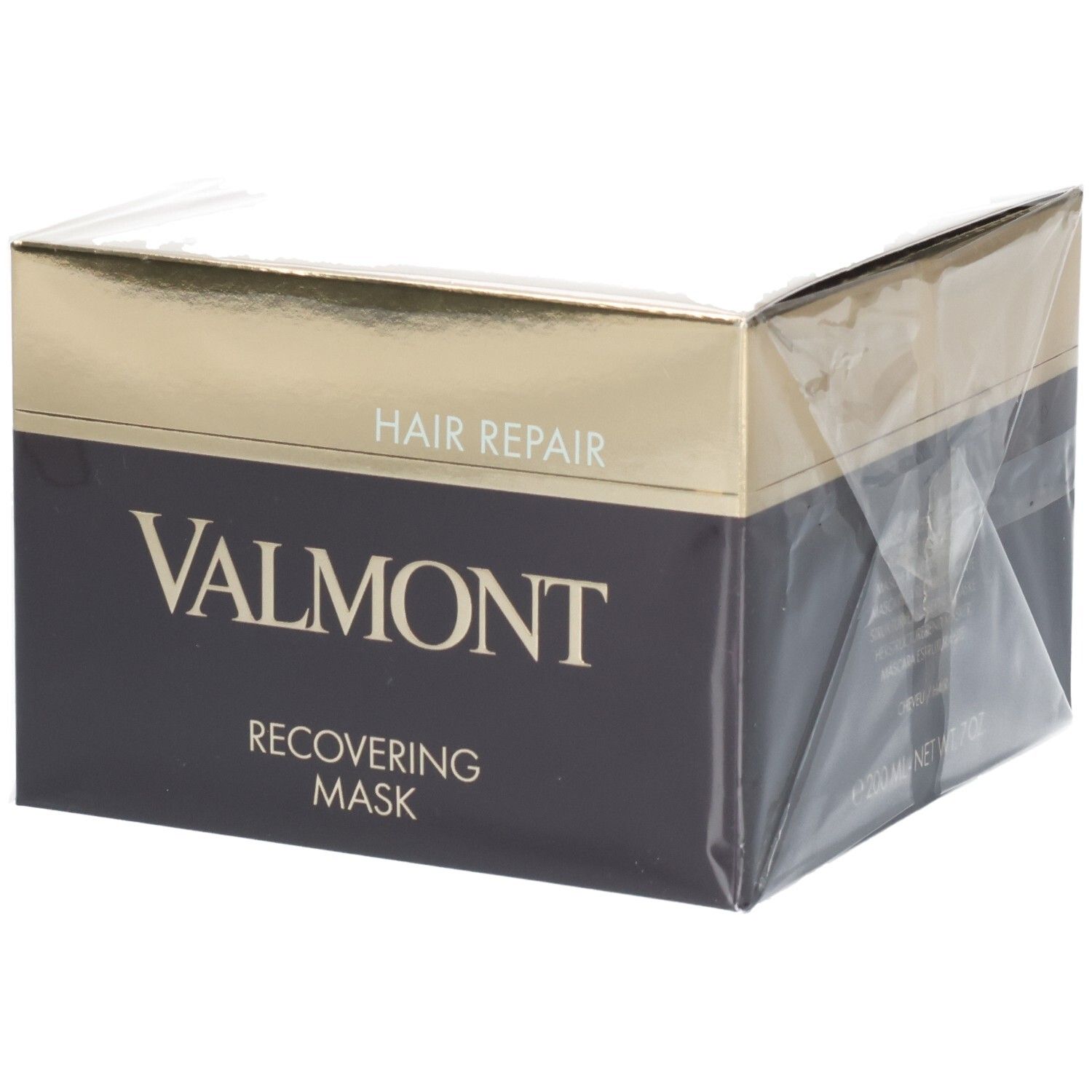 Valmont Recovering Mask, masque capillaire dans un emballage sombre aux accents dorés.