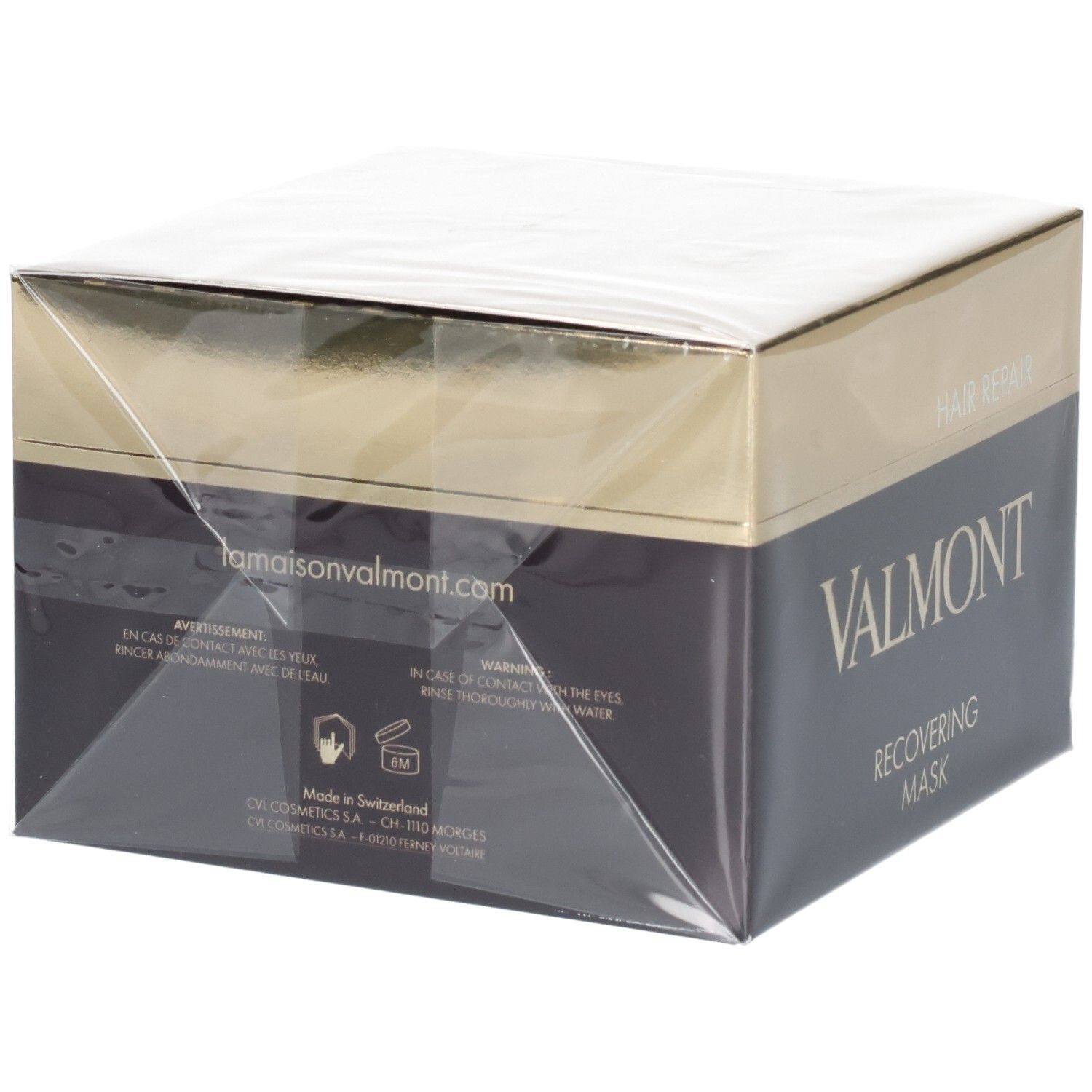 Valmont Recovering Mask, masque capillaire, verso de l'emballage avec avertissements et site web.