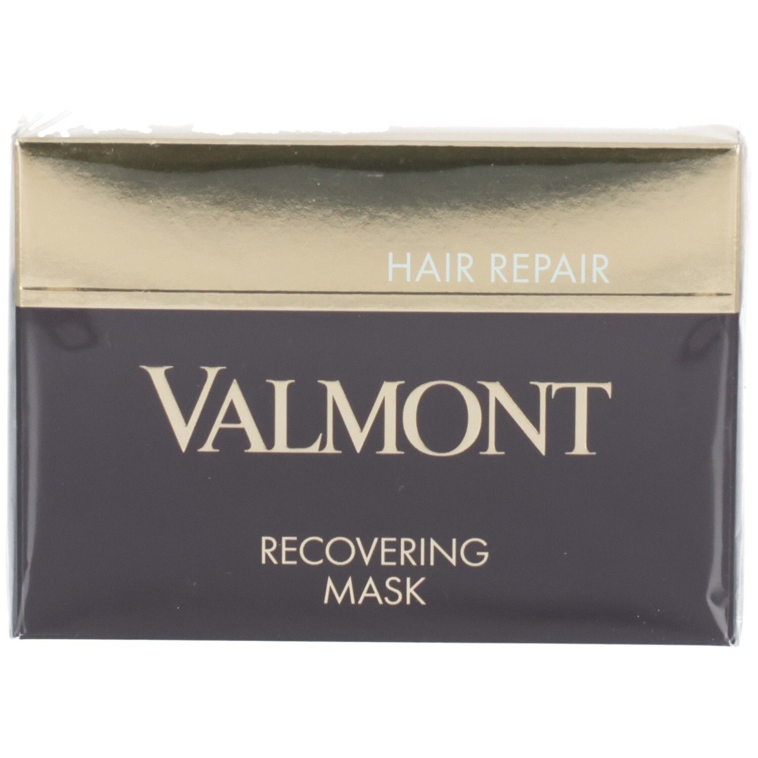 Valmont Recovering Mask, masque capillaire, face avant de l'emballage sombre avec couvercle doré.