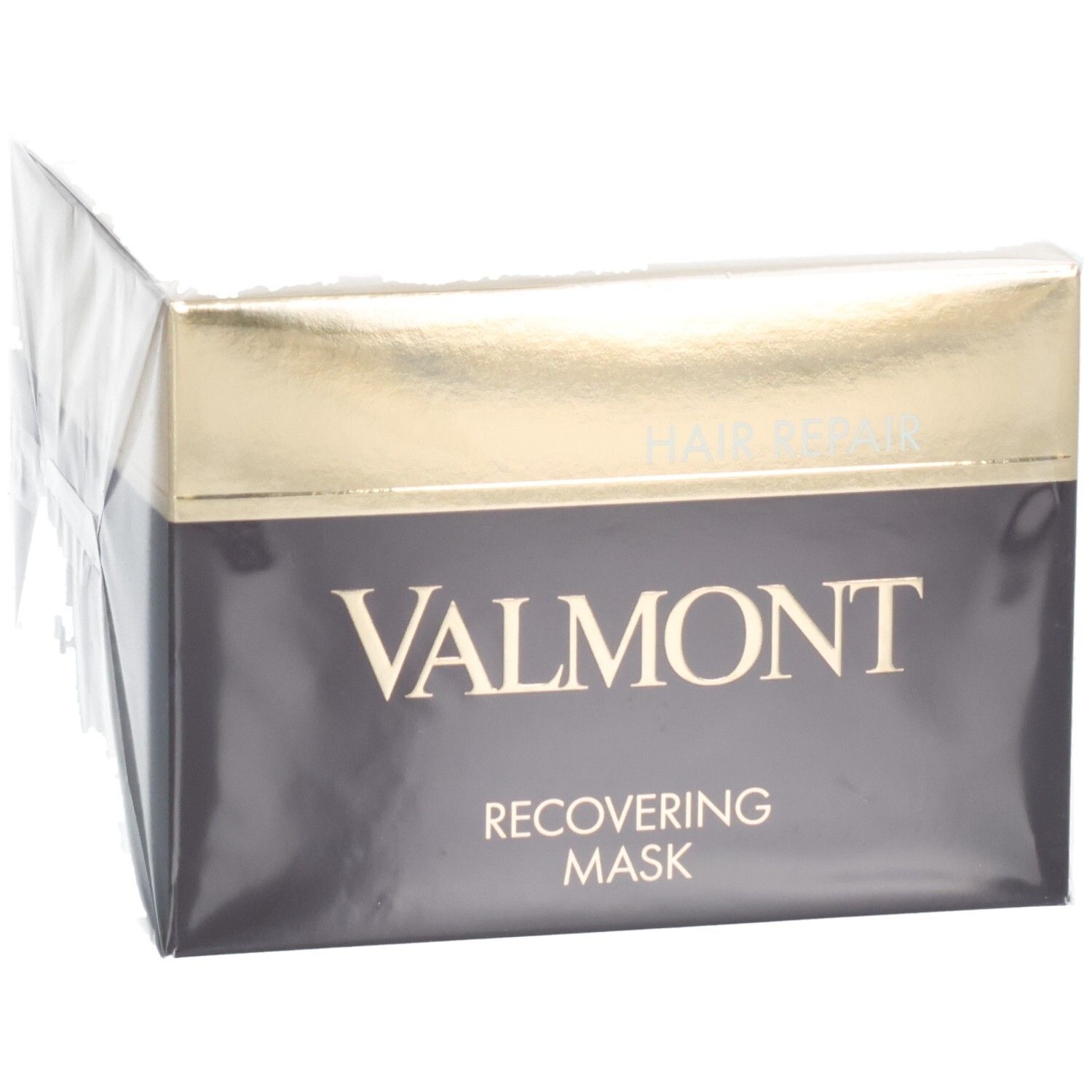 Valmont Recovering Mask, masque capillaire, emballage sombre aux accents dorés, légèrement incliné.