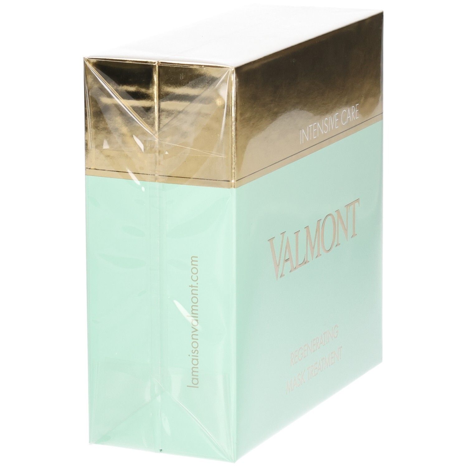 Boîte VALMONT Regenerating Mask Treatment, vert menthe et doré, vue latérale.
