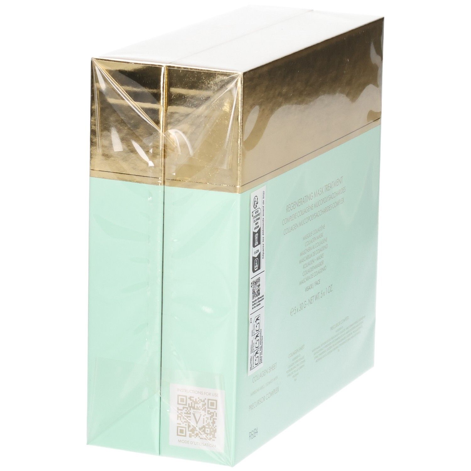 Boîte VALMONT Regenerating Mask Treatment, vert menthe et doré, vue latérale oblique.