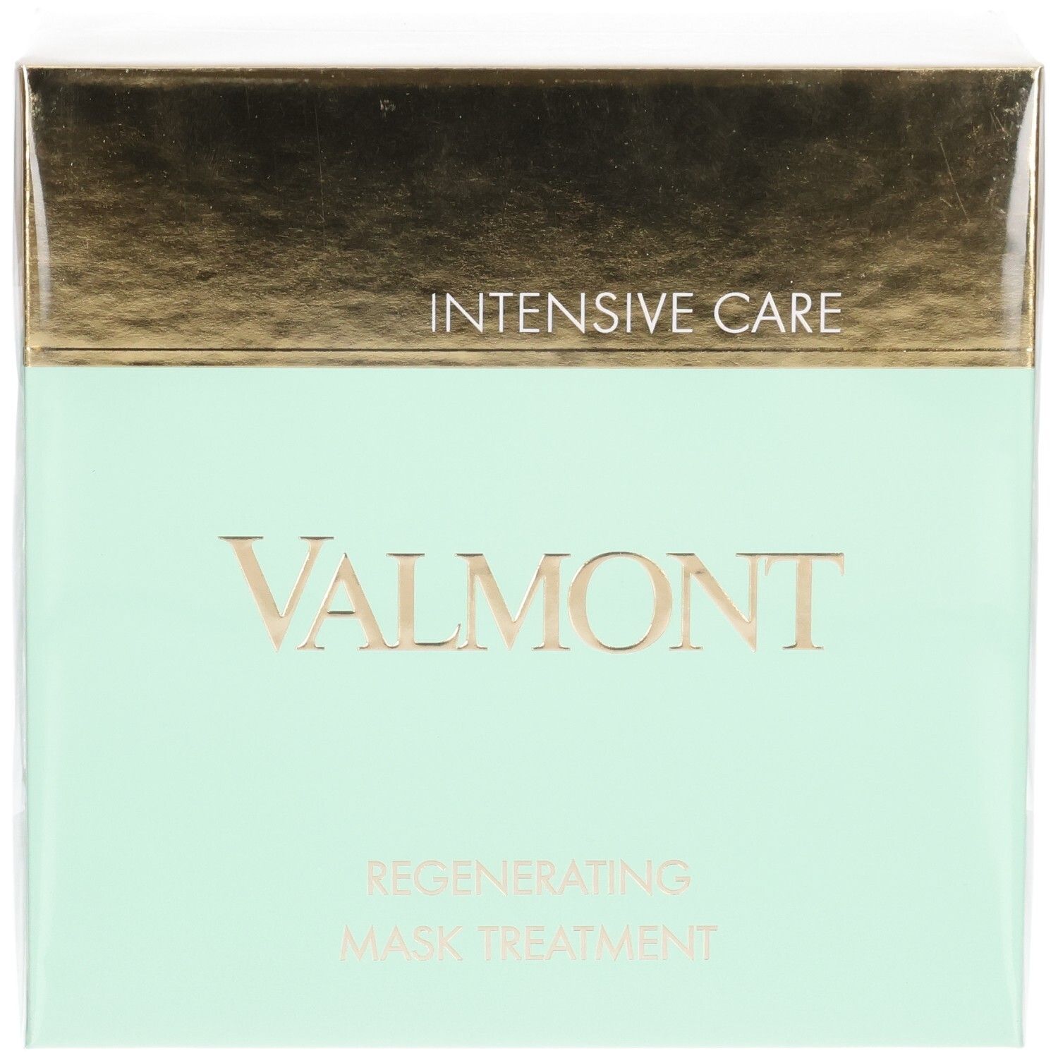 Avant de la boîte VALMONT Regenerating Mask Treatment, vert menthe et doré.