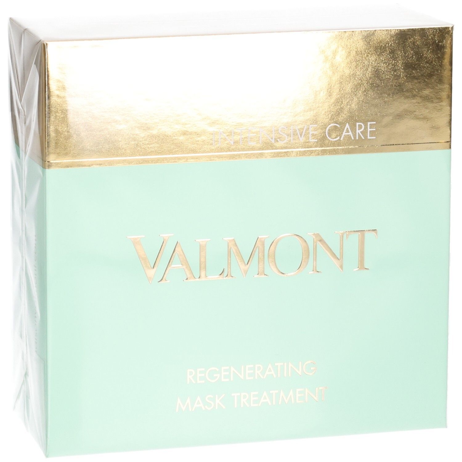 Boîte VALMONT Regenerating Mask Treatment, vert menthe et doré, vue de face.