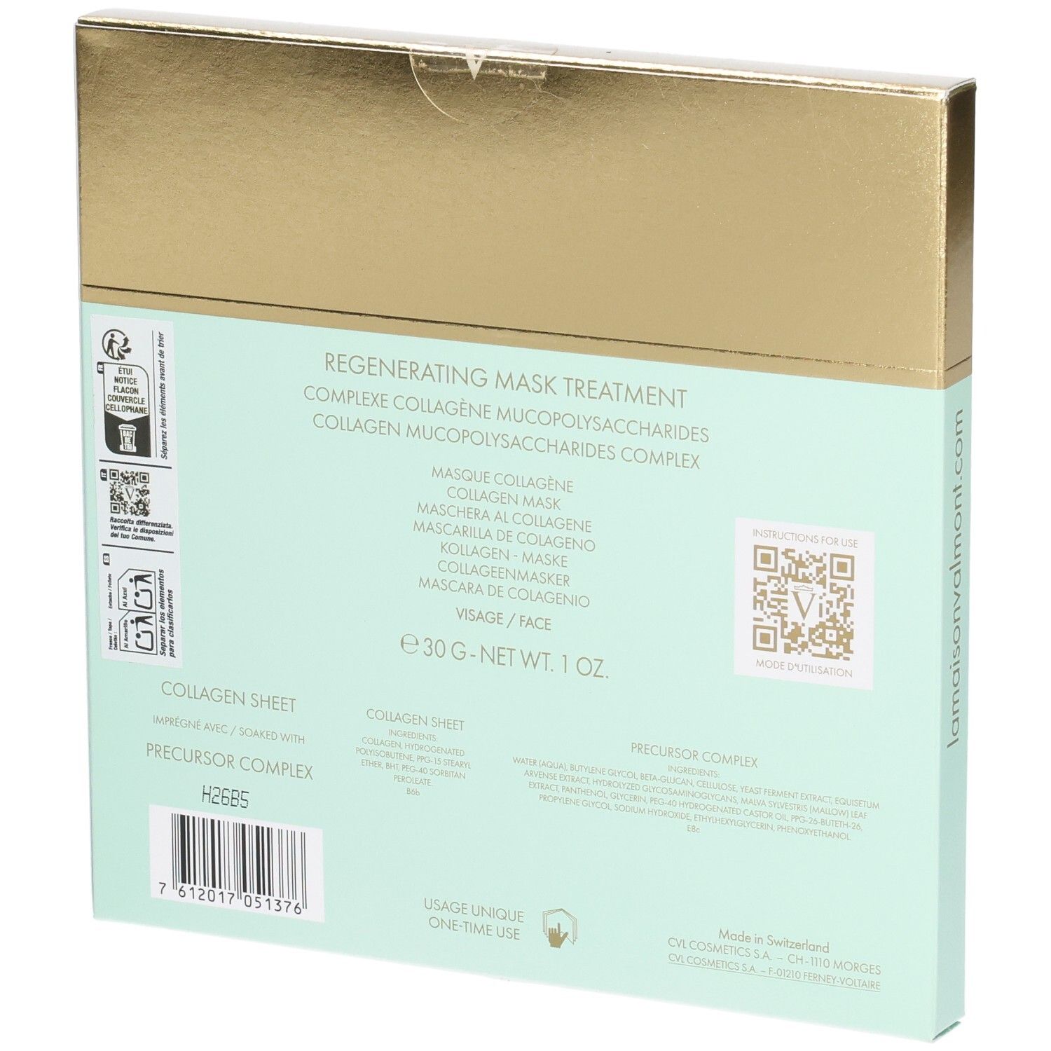 VALMONT Regenerating Mask Treatment. Dos avec détails.