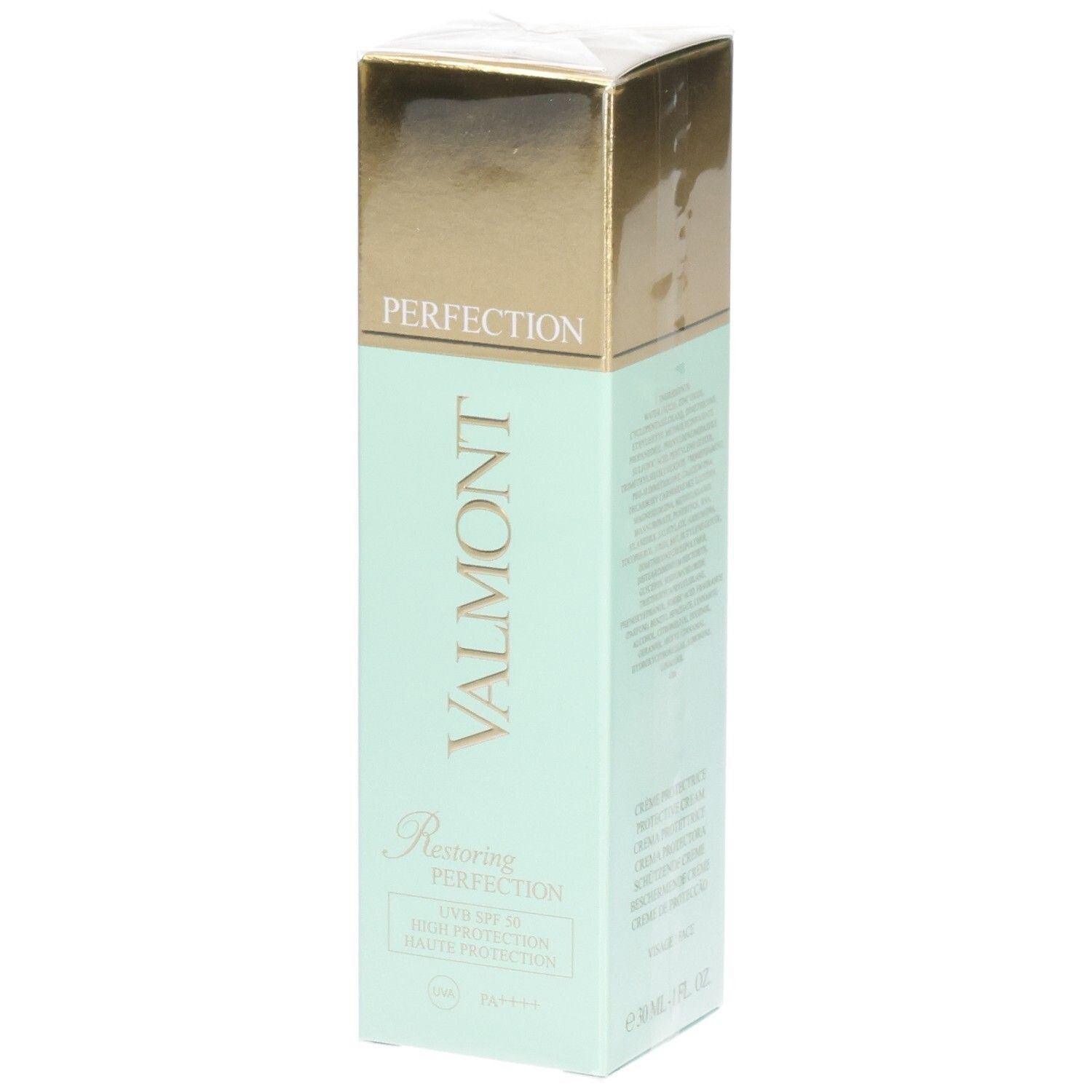 Emballage Valmont Restoring Perfection SPF50 Crème Protectrice.