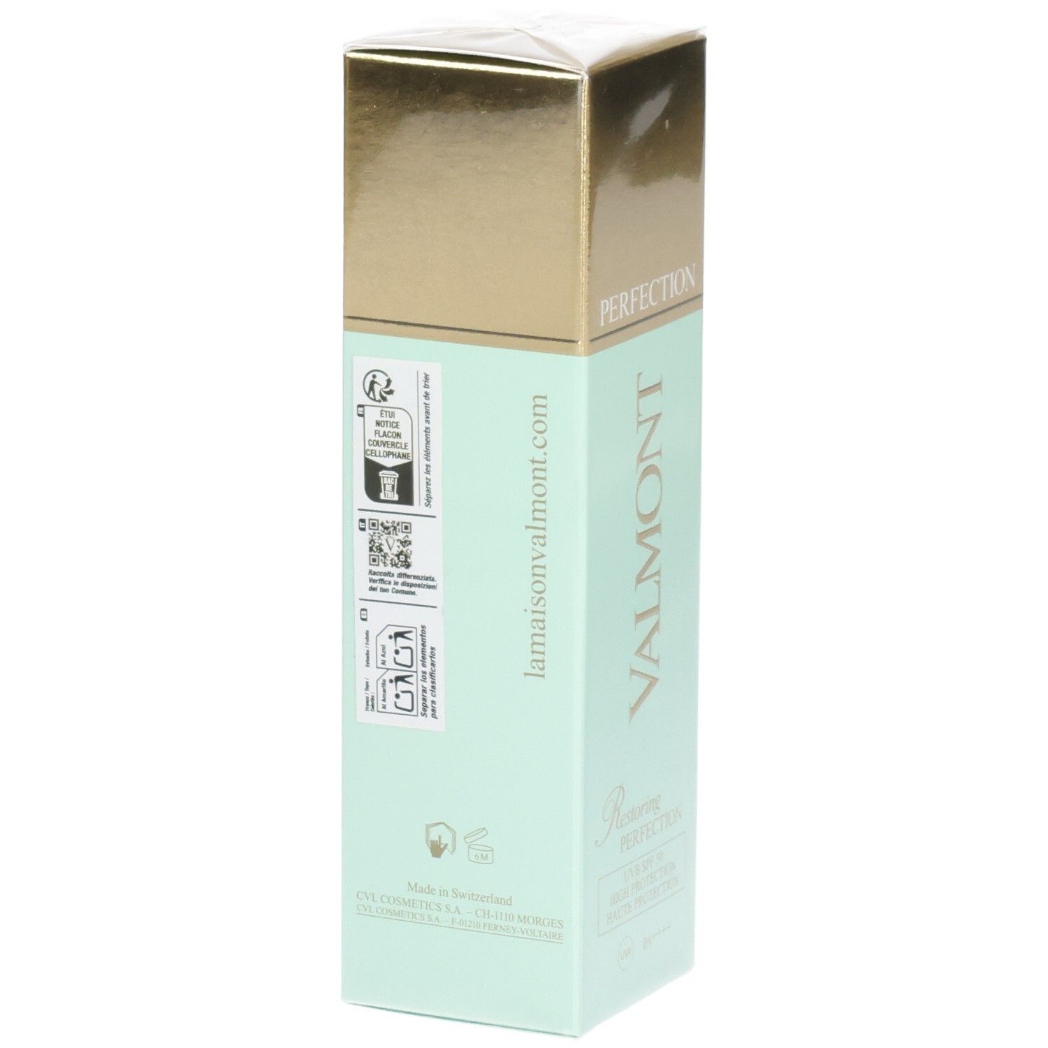 Emballage Valmont Restoring Perfection SPF50 avec sceaux et codes QR.