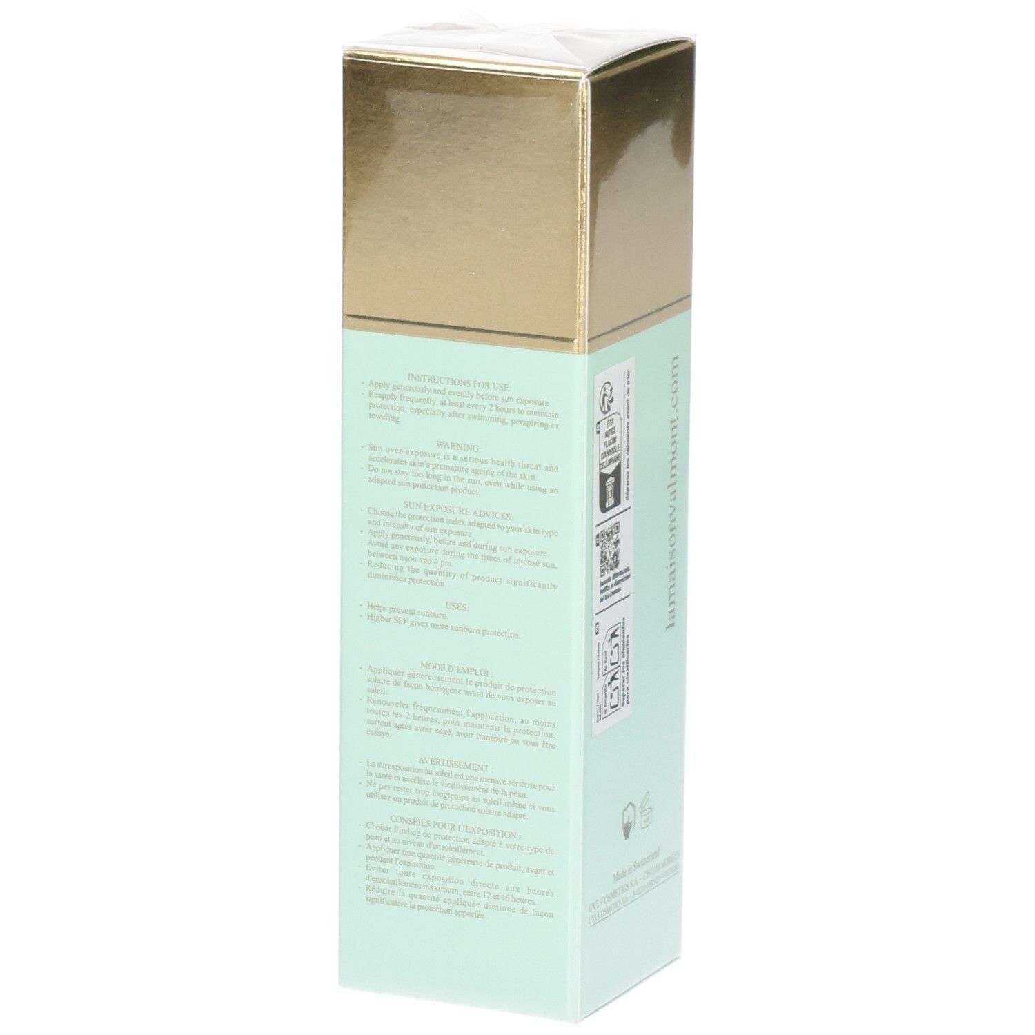 Emballage Valmont Restoring Perfection SPF50 avec instructions d'utilisation.