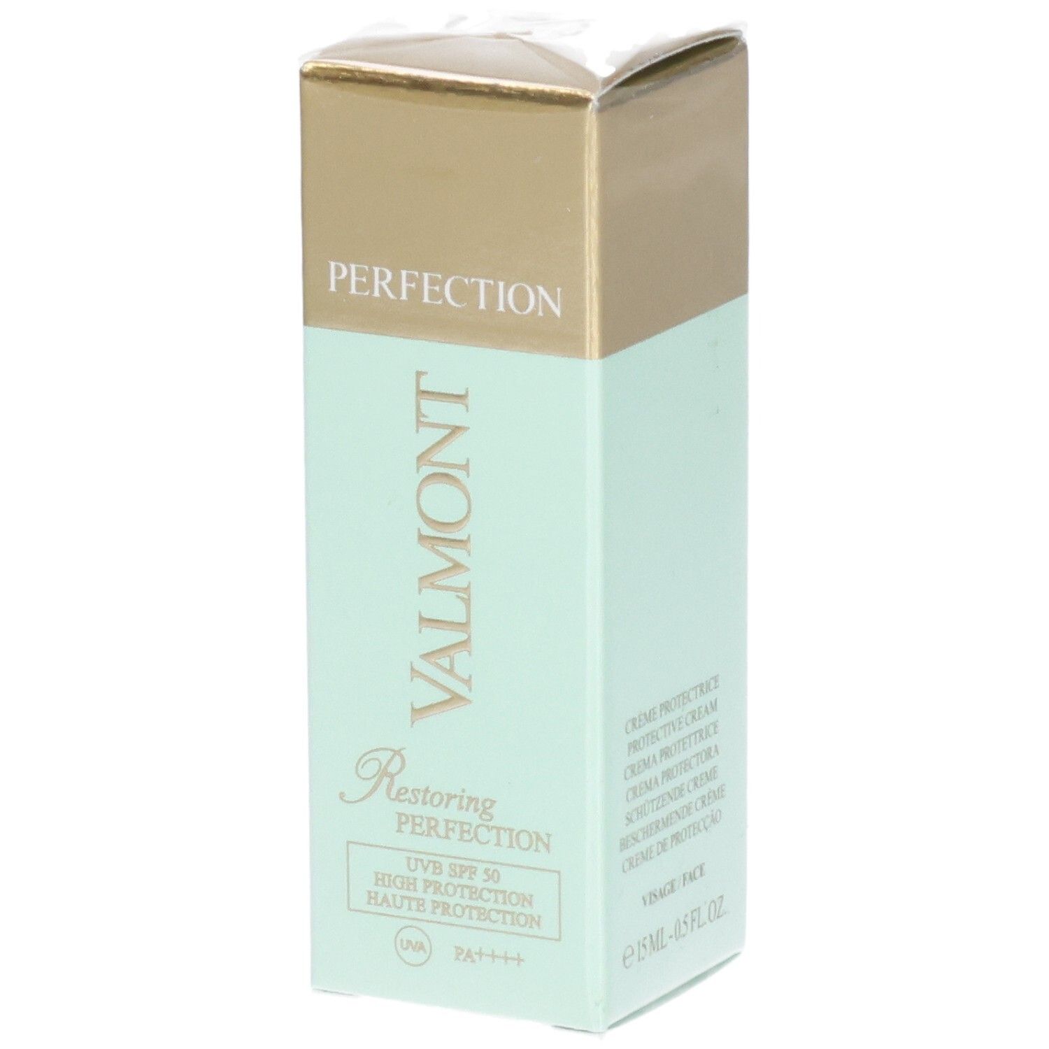 VALMONT Restoring Perfection Crème protectrice SPF 50, emballage doré et menthe.