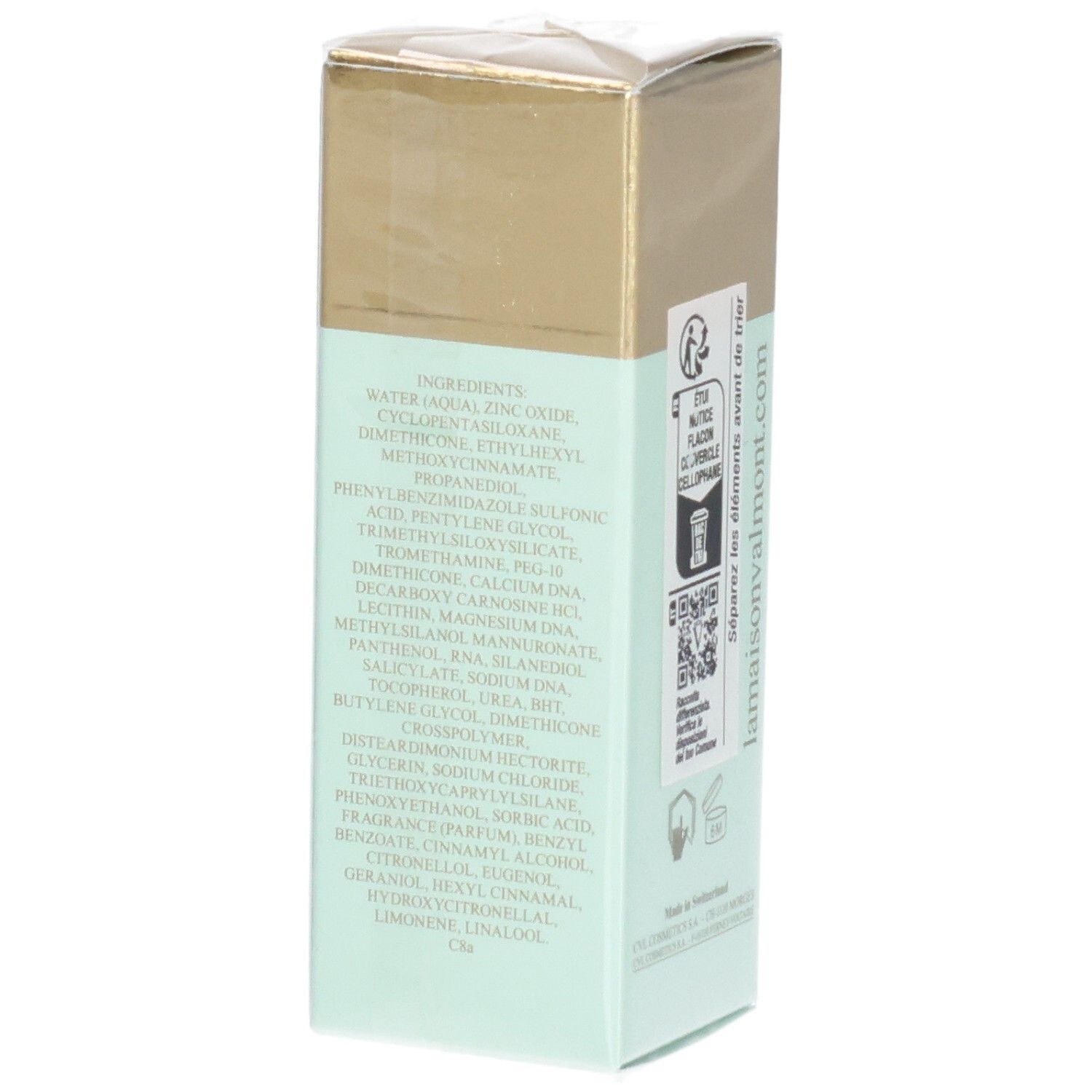 VALMONT Restoring Perfection emballage avec liste d'ingrédients, doré et menthe.