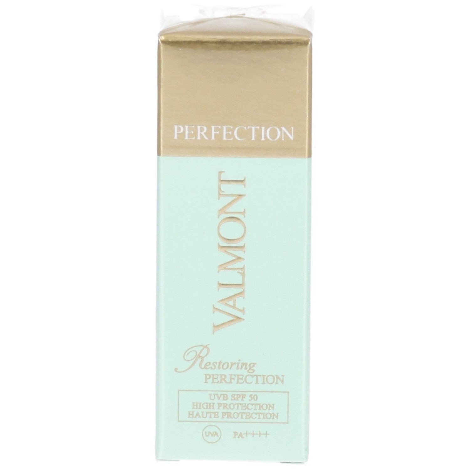 VALMONT Restoring Perfection Crème protectrice SPF 50, emballage doré et menthe, face avant.