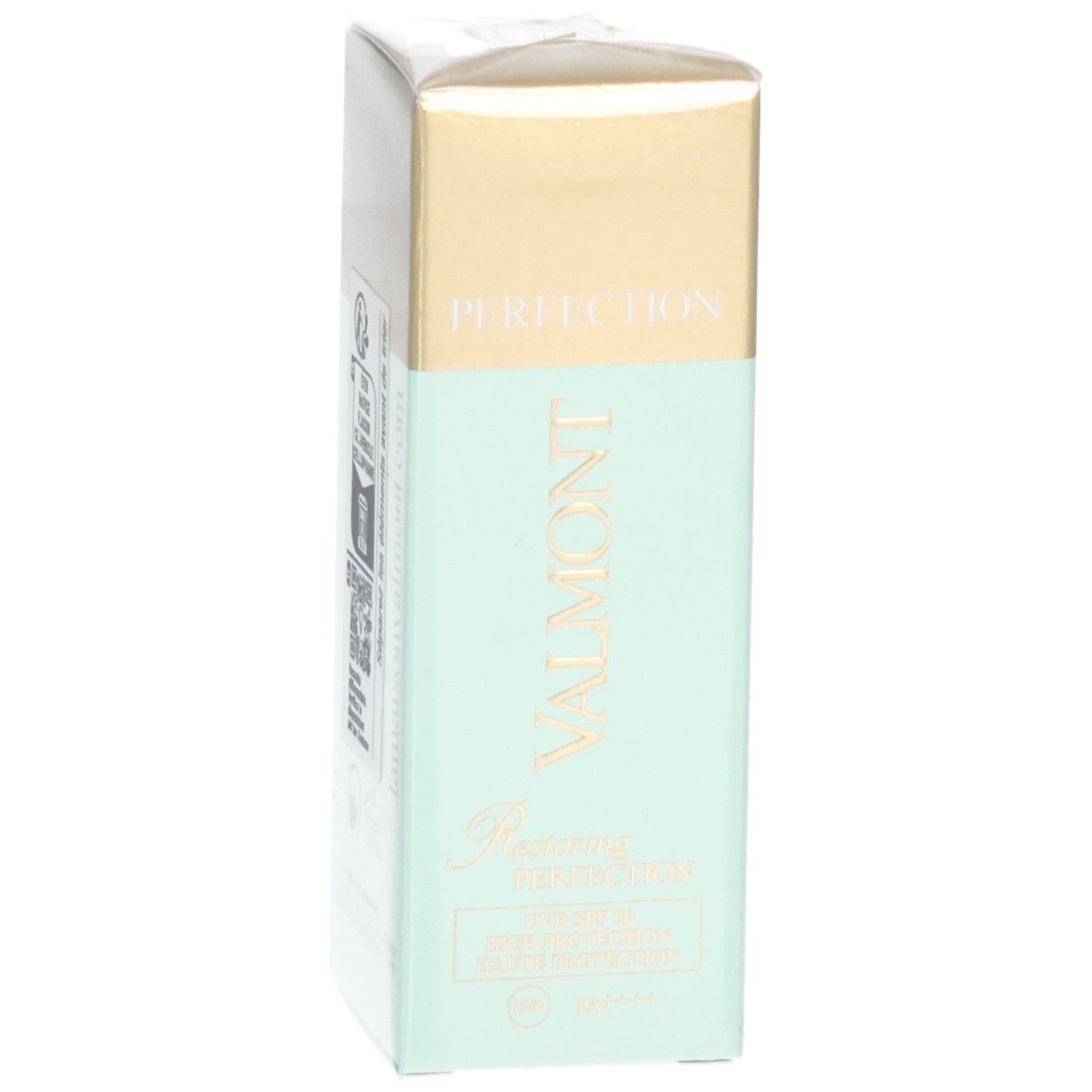 VALMONT Restoring Perfection Crème protectrice SPF 50, emballage doré et menthe, vue latérale.